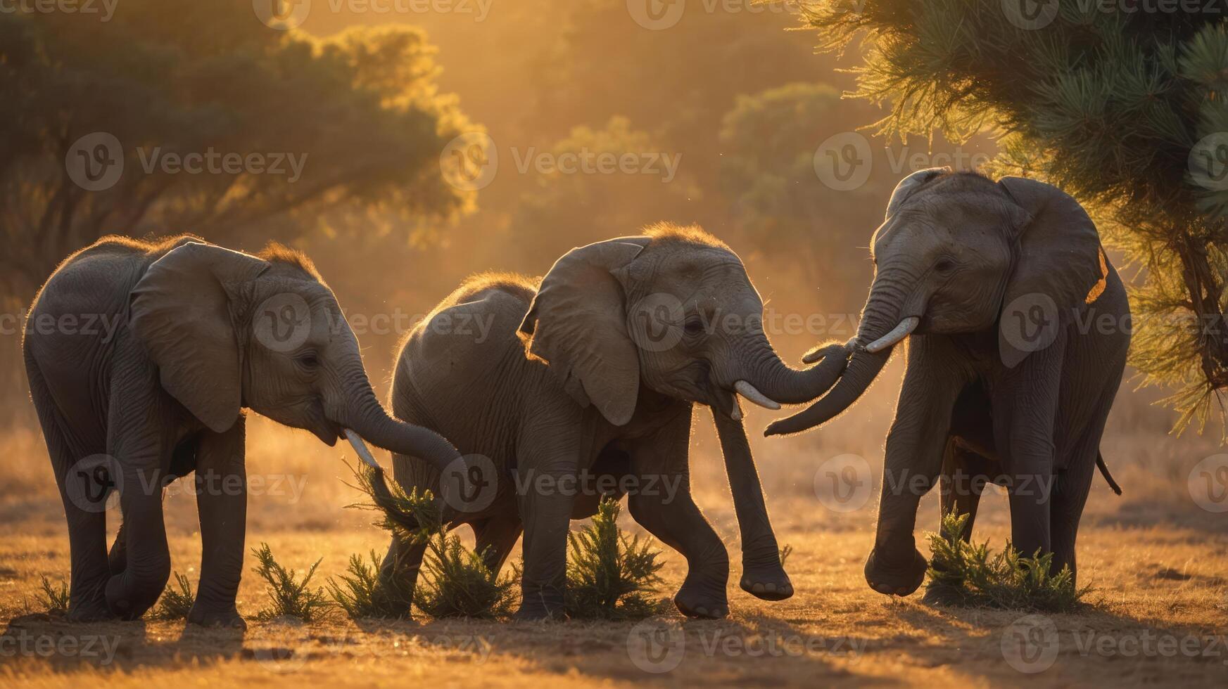 Three elephants playfully interacting in a golden sunset setting. photo
