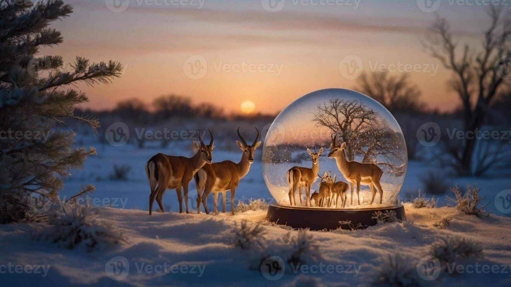 A serene winter scene featuring deer inside a snow globe at sunset. photo