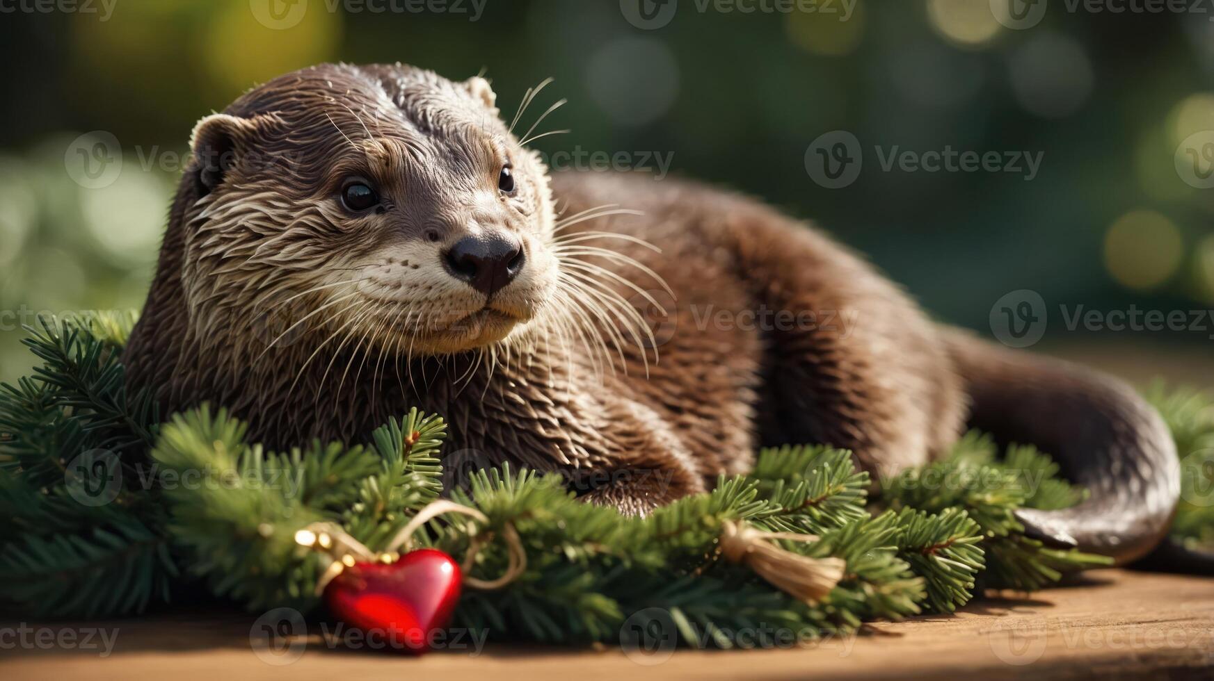 A cute otter rests on a wooden surface surrounded by a festive wreath and a red heart ornament. photo