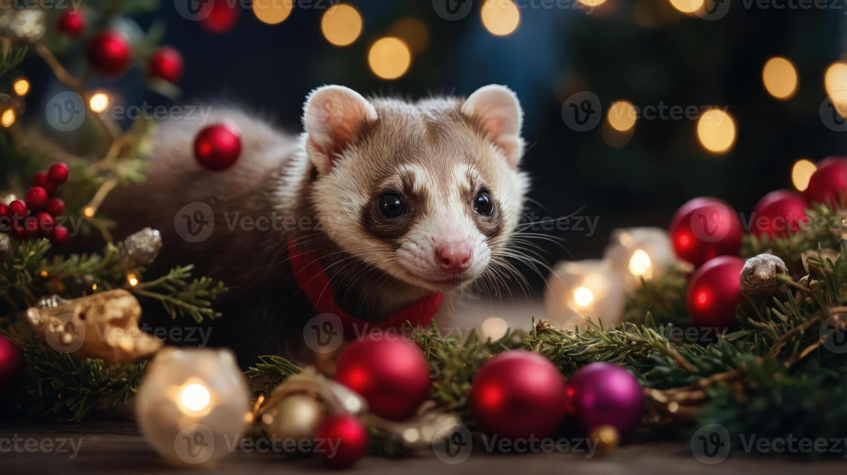 A ferret surrounded by Christmas decorations and lights. photo
