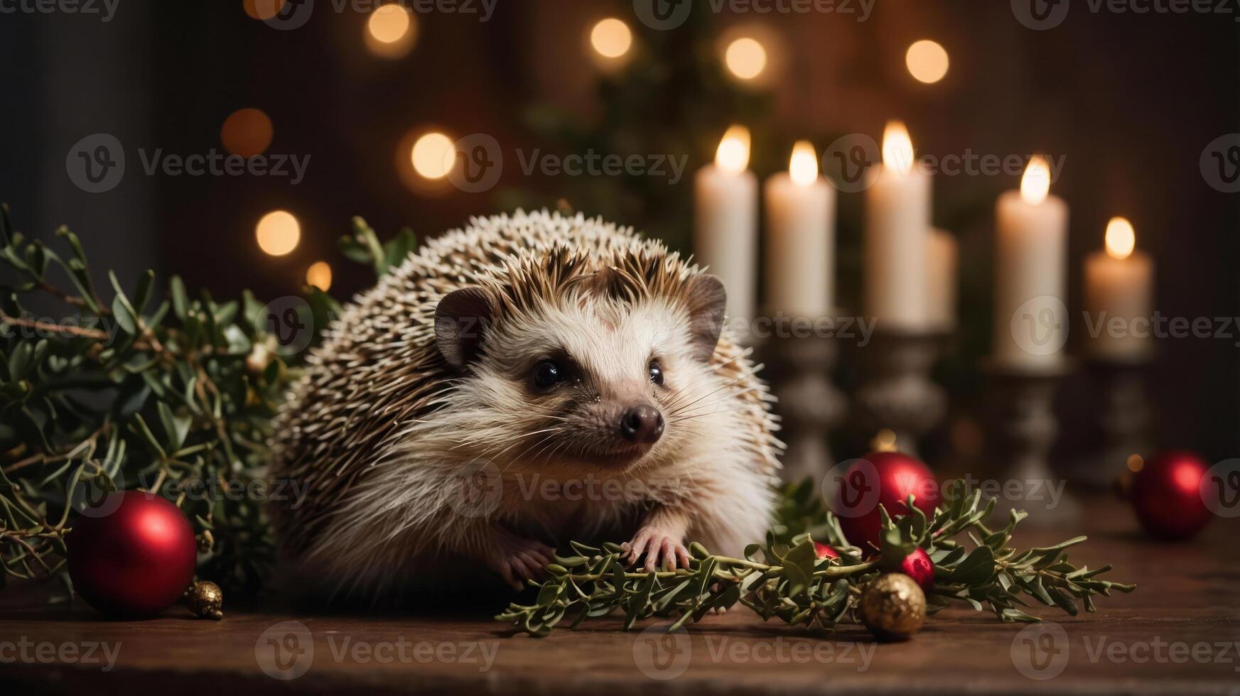 A hedgehog surrounded by festive decorations and candles, creating a cozy holiday atmosphere. photo