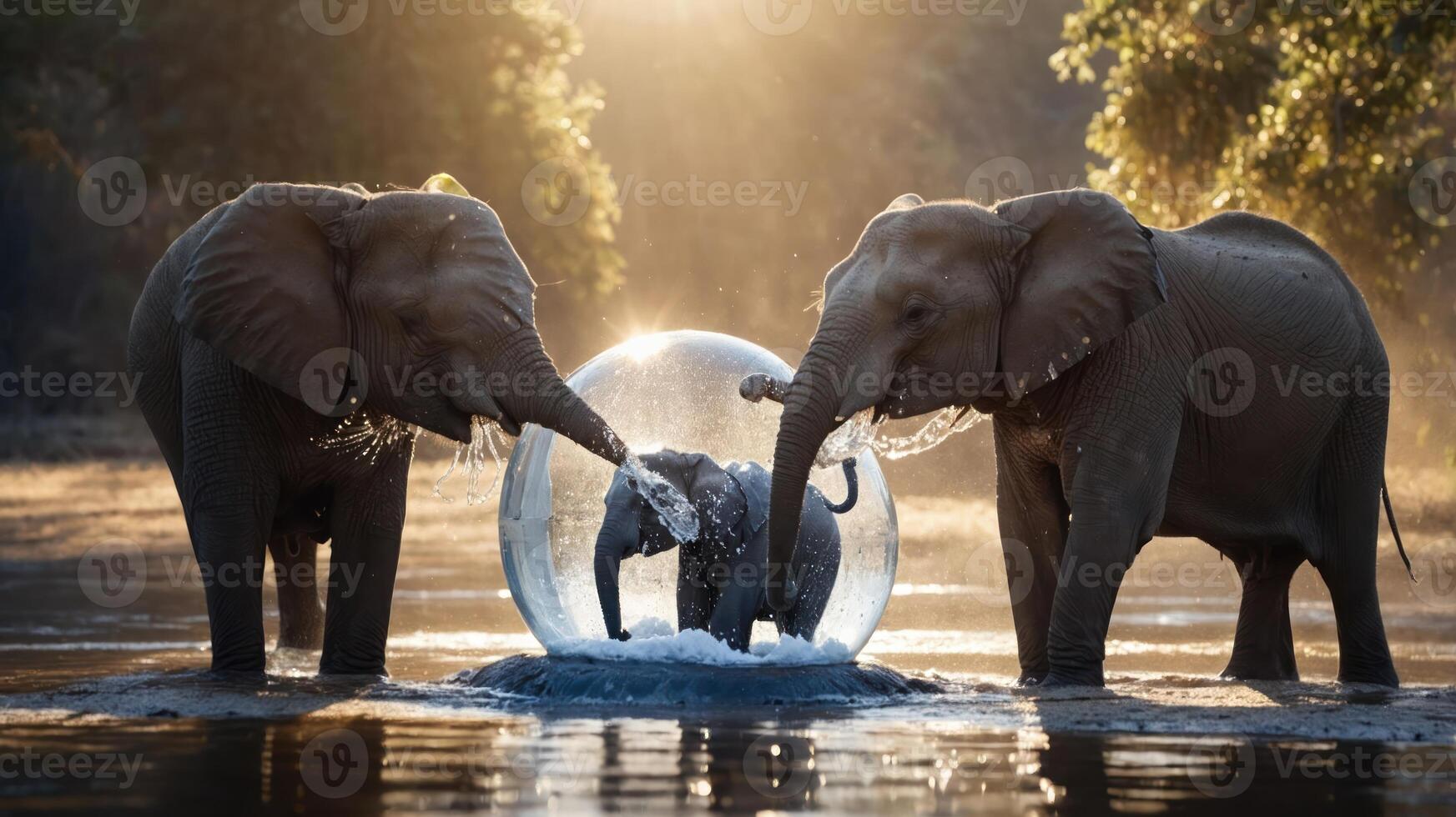 Two elephants interact with a baby elephant in a water sphere at sunrise. photo