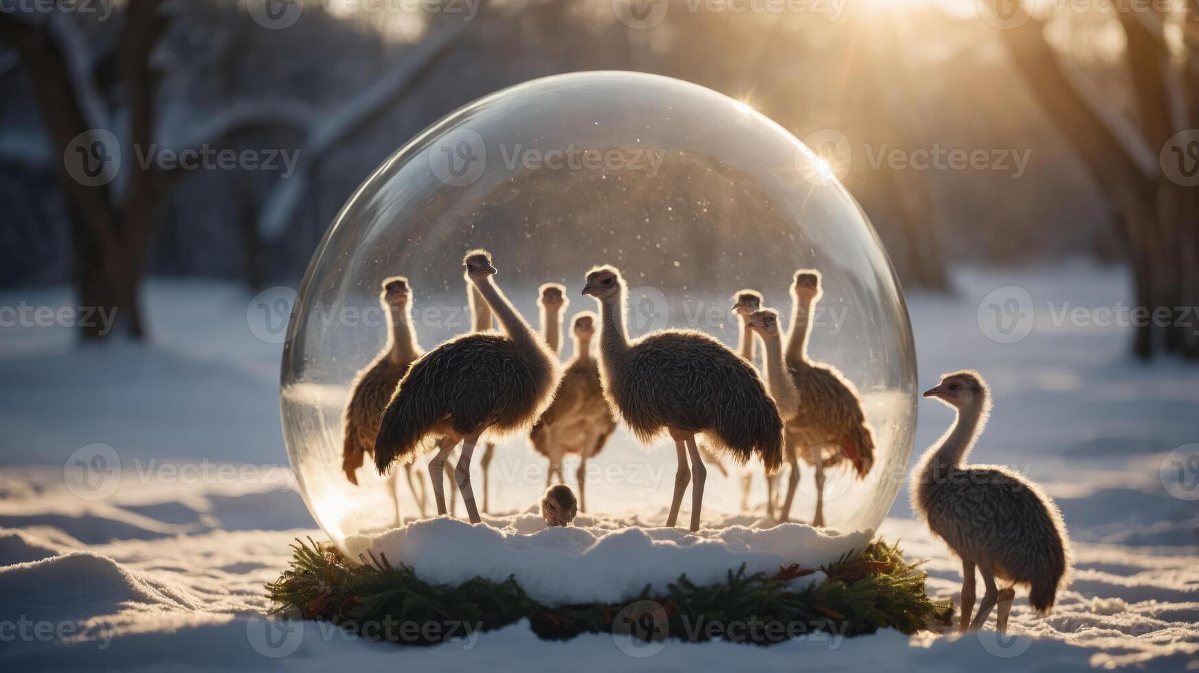 A whimsical scene of ostriches inside a snow globe, surrounded by a winter landscape. photo