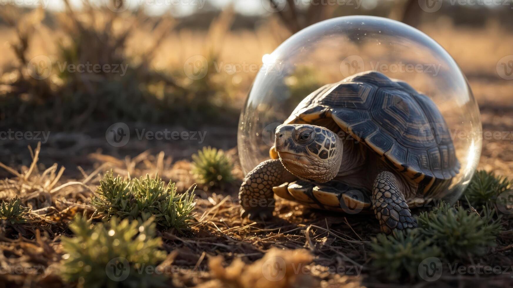 A turtle under a transparent dome in a natural setting, showcasing wildlife and protection. photo