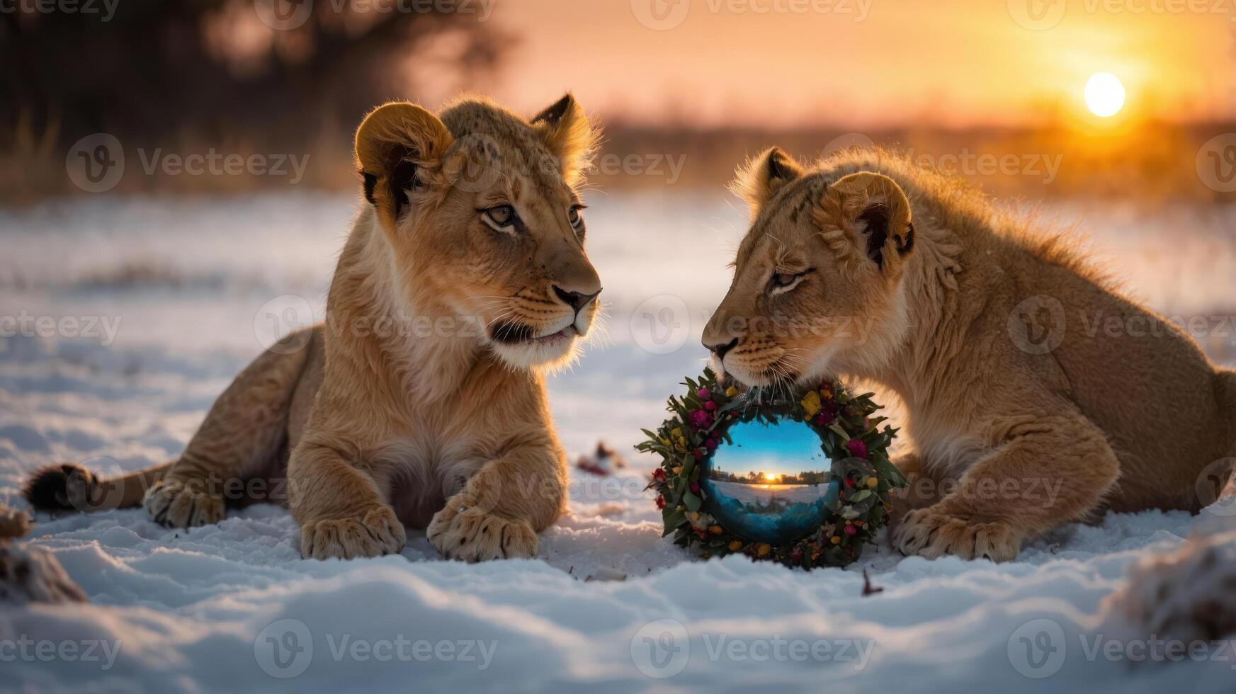 Two lion cubs gaze at a decorative wreath with a scenic view at sunset in a snowy landscape. photo