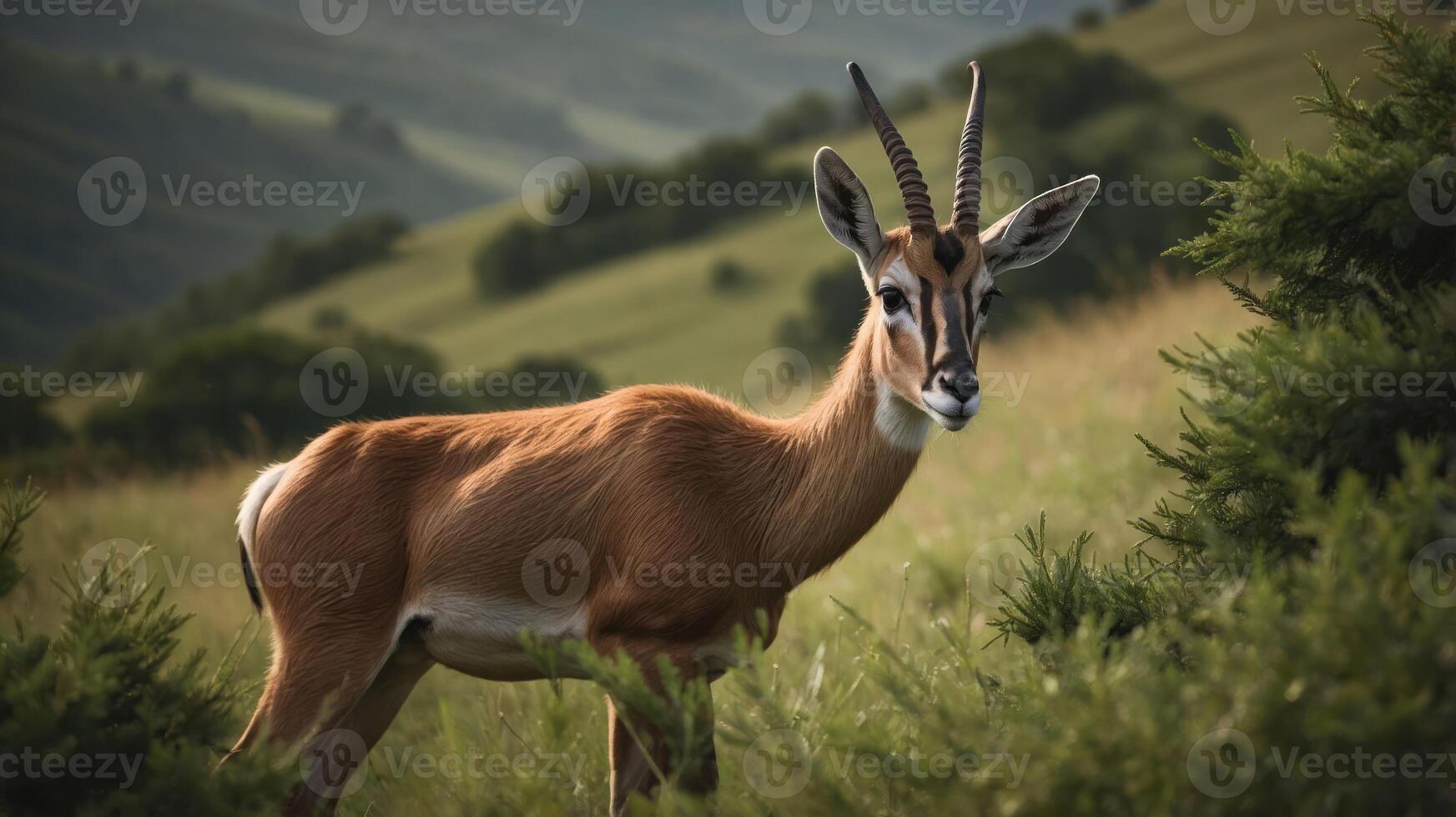 A gazelle stands gracefully in a lush green landscape, showcasing its natural habitat. photo