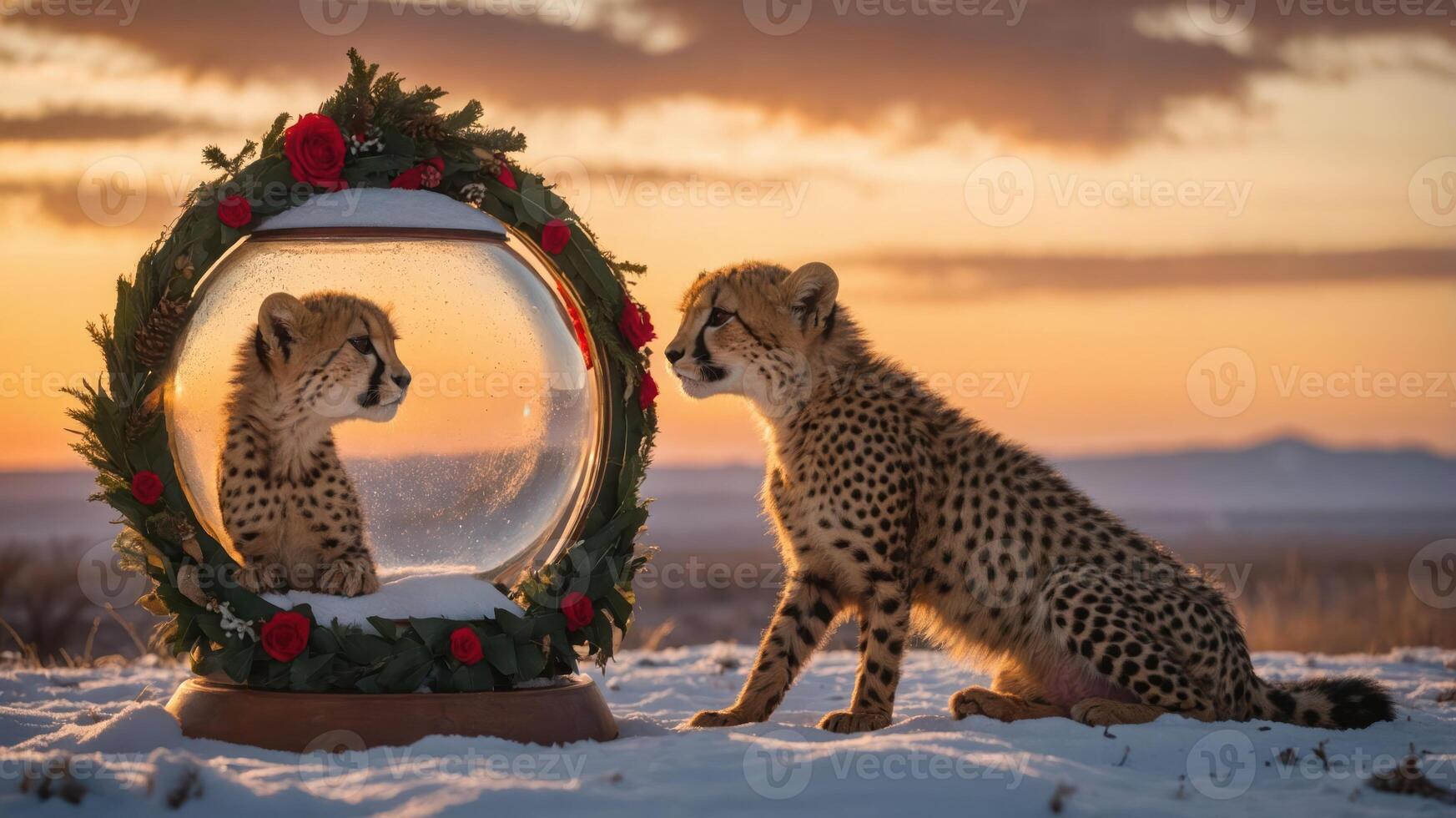 A cheetah and its cub gaze at each other through a snow globe adorned with roses at sunset. photo