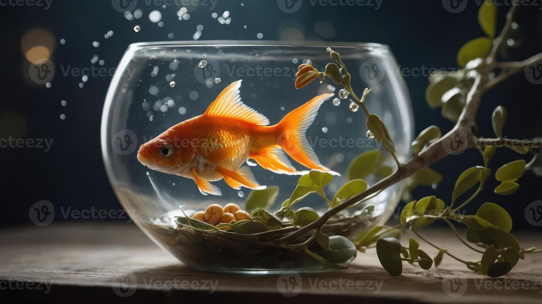 A goldfish swims in a glass bowl with aquatic plants and bubbles, creating a serene atmosphere. photo