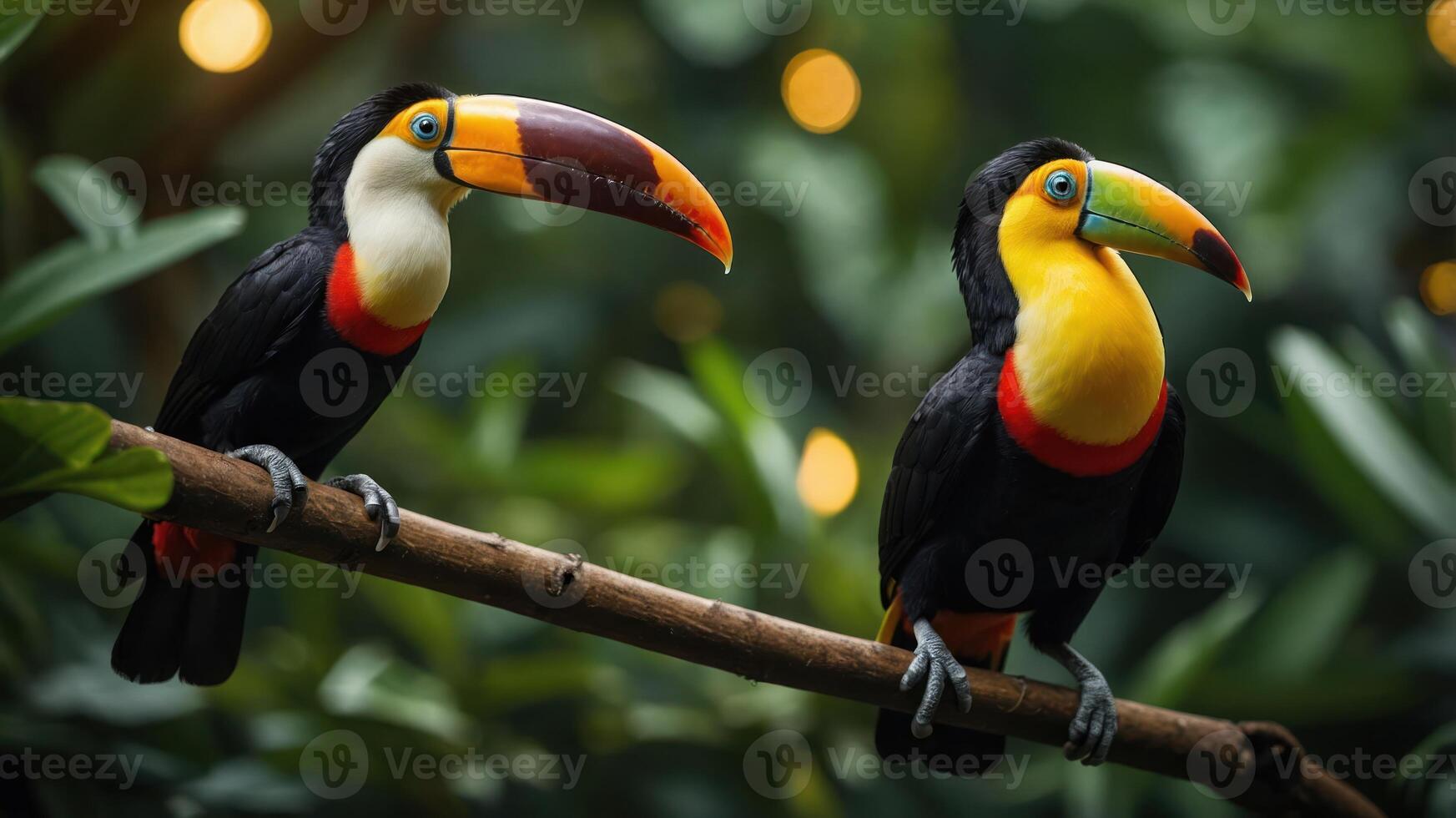 Two colorful toucans perched on a branch amidst lush greenery. photo