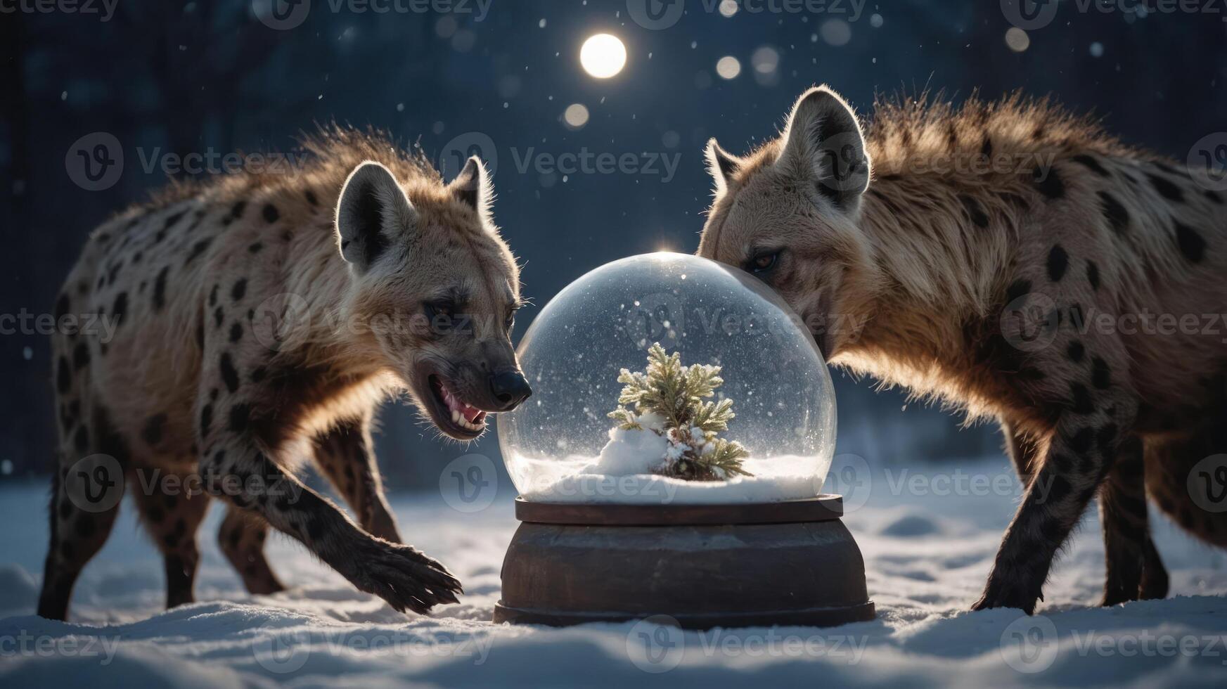 Two hyenas curiously examine a snow globe in a snowy landscape under a moonlit sky. photo