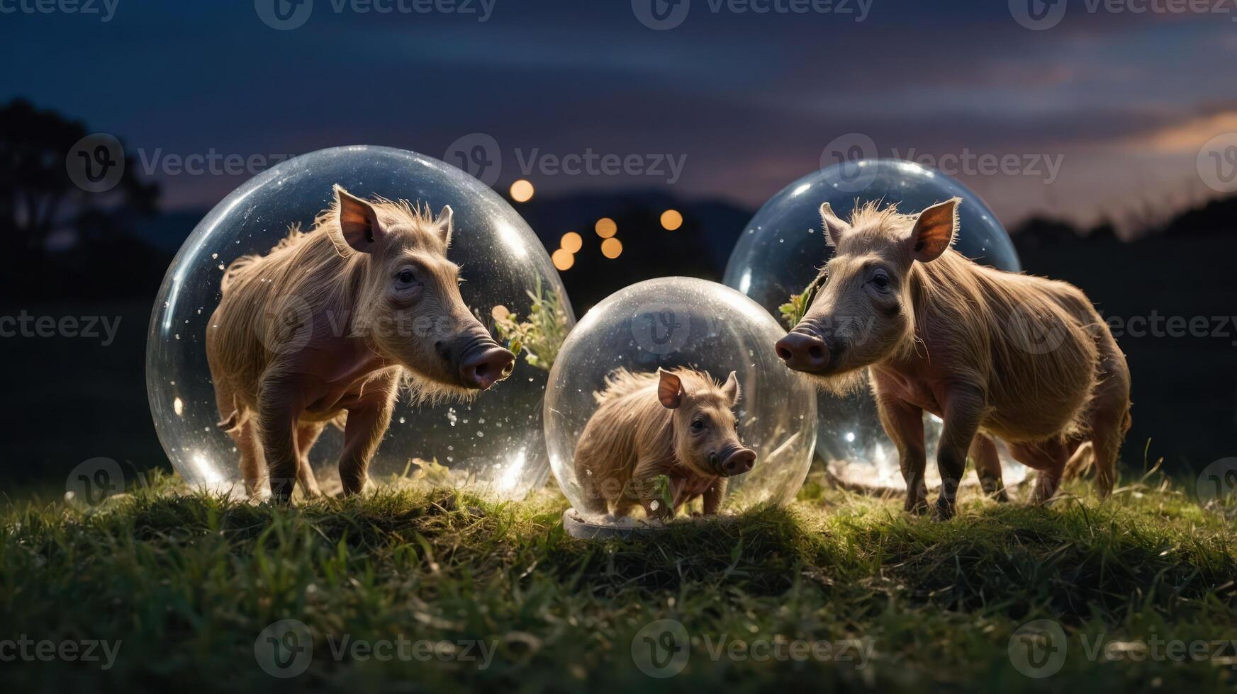 Three pigs inside transparent spheres in a grassy field at dusk. photo