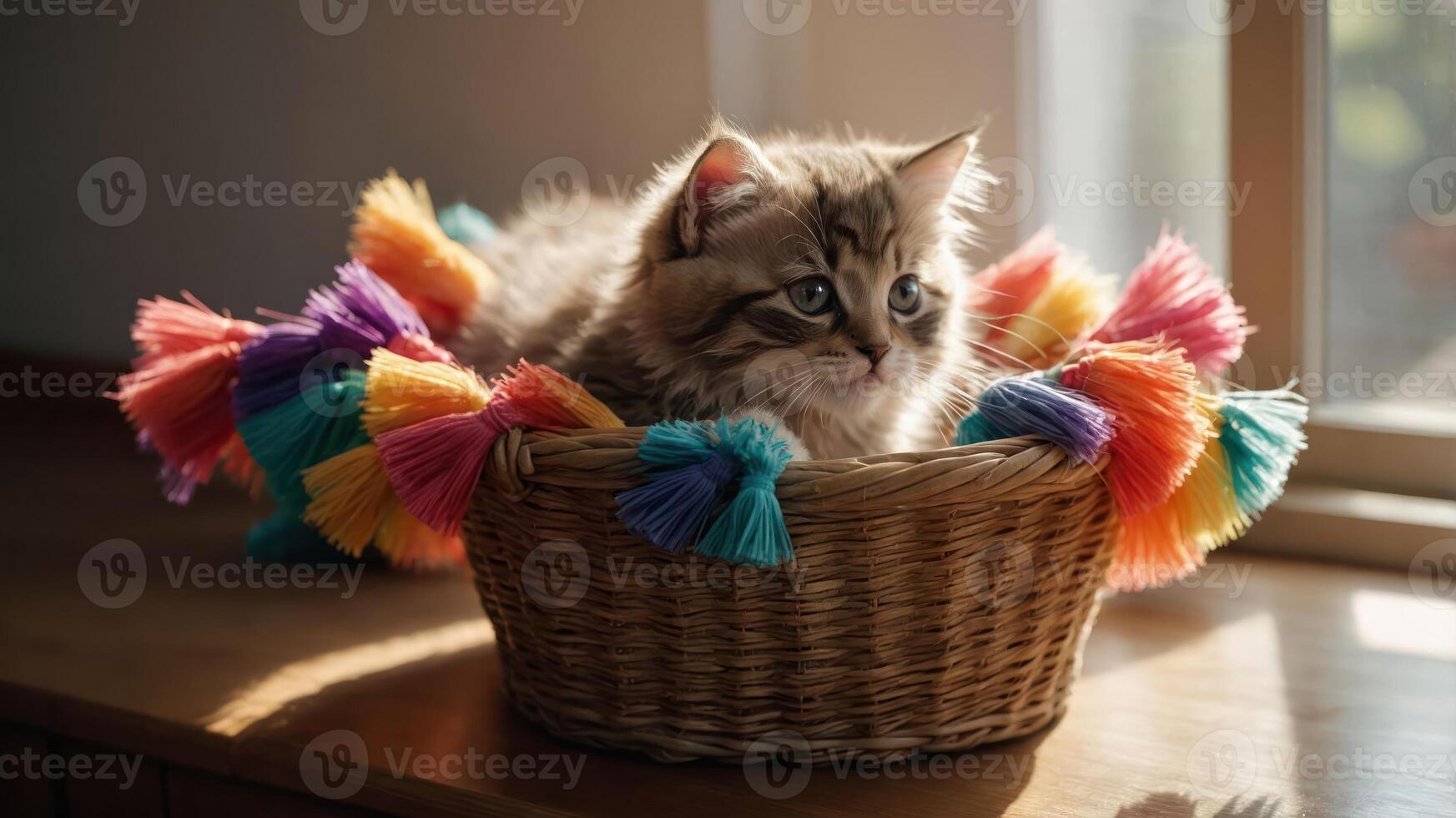 A fluffy cat rests in a colorful basket near a window, enjoying the warm sunlight. photo
