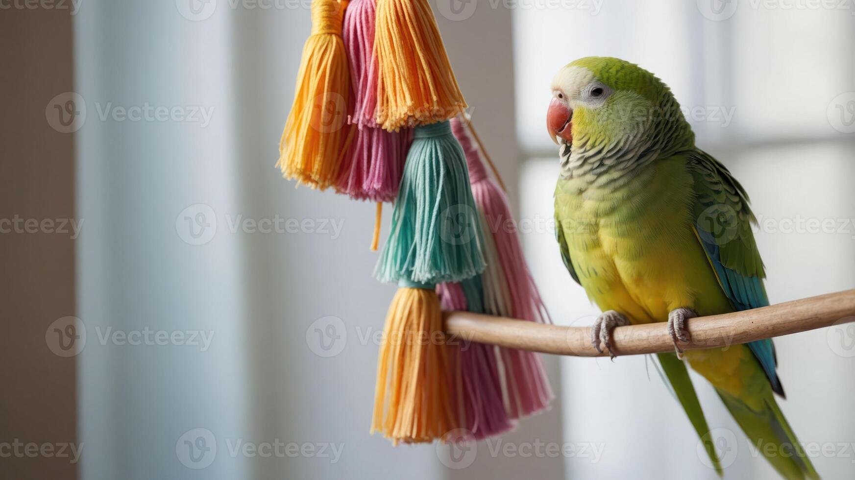 A vibrant green parakeet perched on a wooden stand with colorful tassels. photo