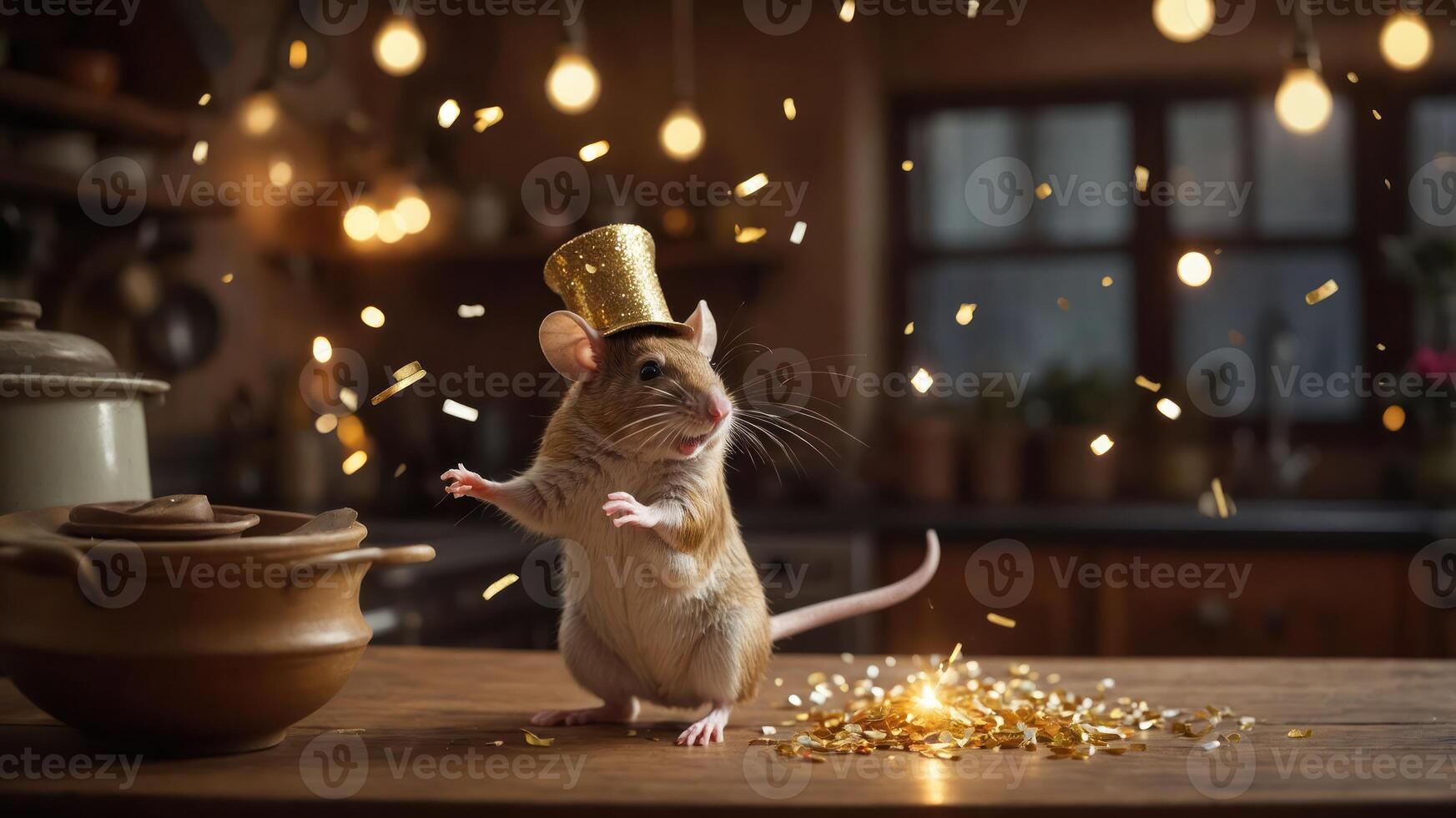 A festive mouse in a tiny hat surrounded by sparkles and gold, celebrating joyfully. photo