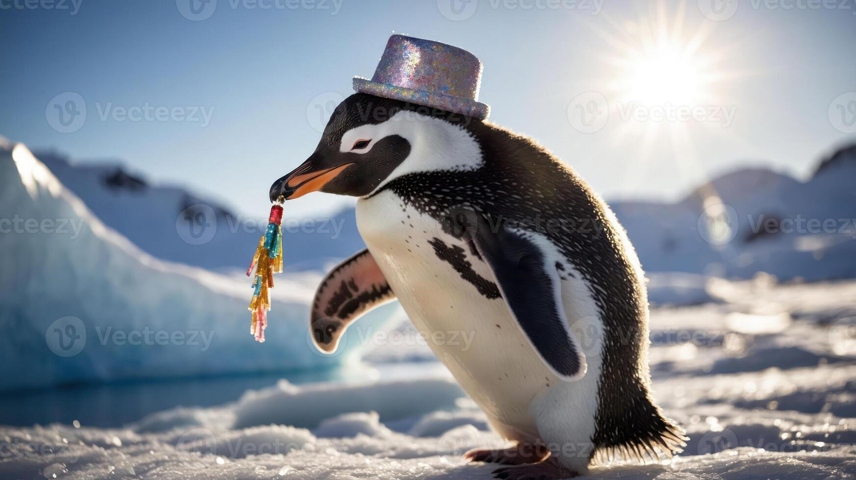 A festive penguin wearing a glittery hat and holding colorful streamers in a snowy landscape. photo