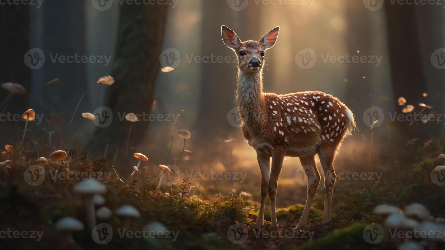 A serene fawn stands amidst a misty forest, surrounded by mushrooms and soft sunlight. photo