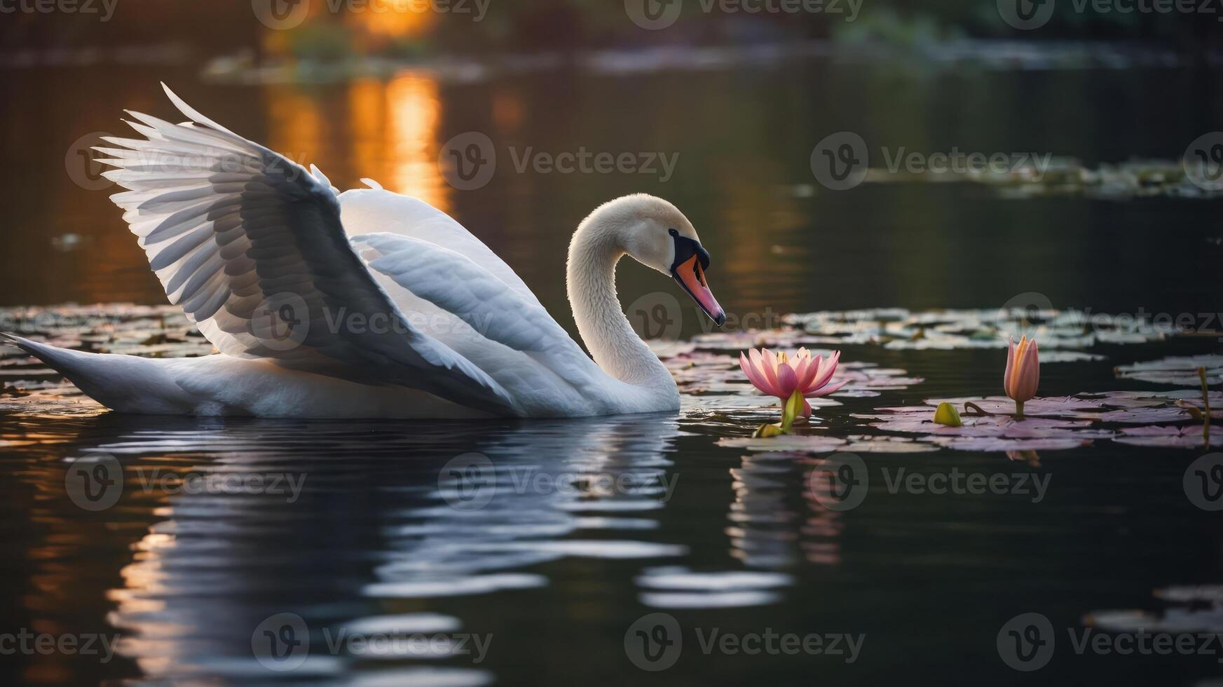 A serene swan glides through a tranquil pond adorned with blooming water lilies. photo