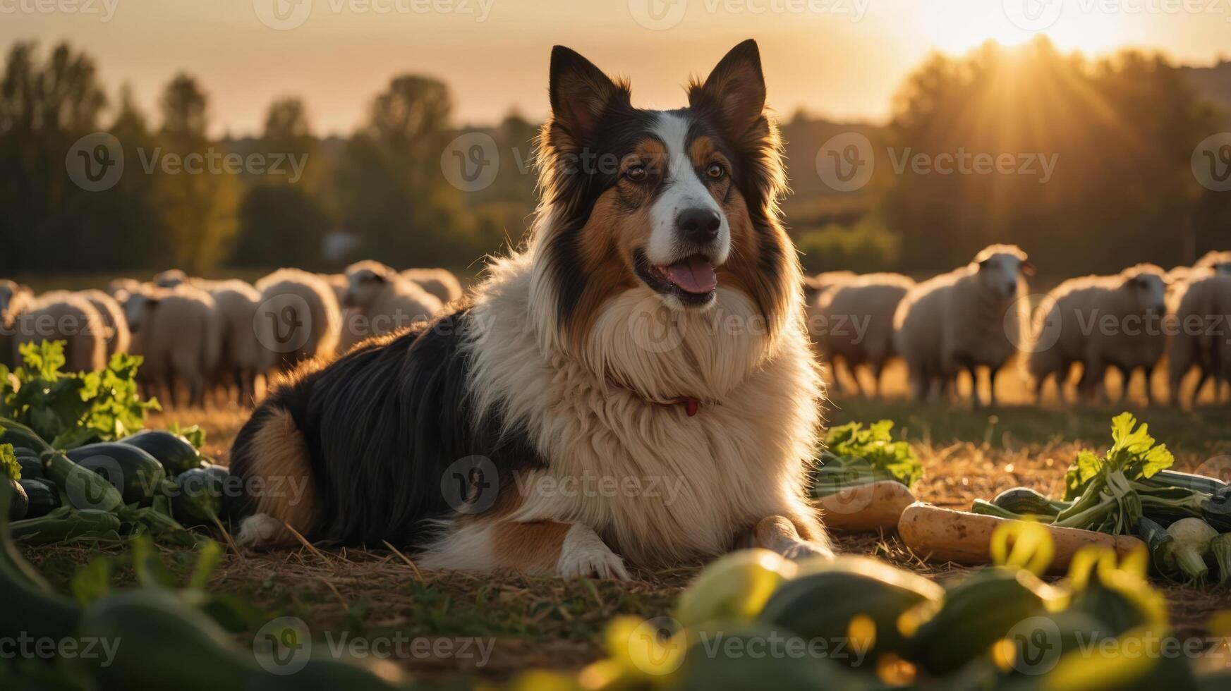 A dog rests among vegetables with sheep grazing in the background during sunset. photo