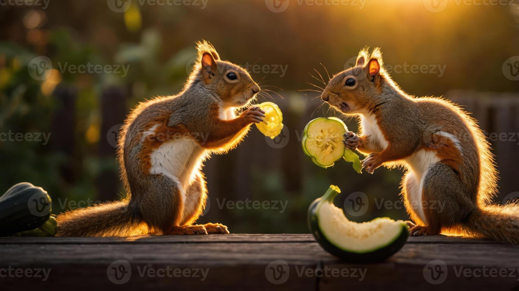 Two squirrels interacting with slices of cucumber at sunset. photo