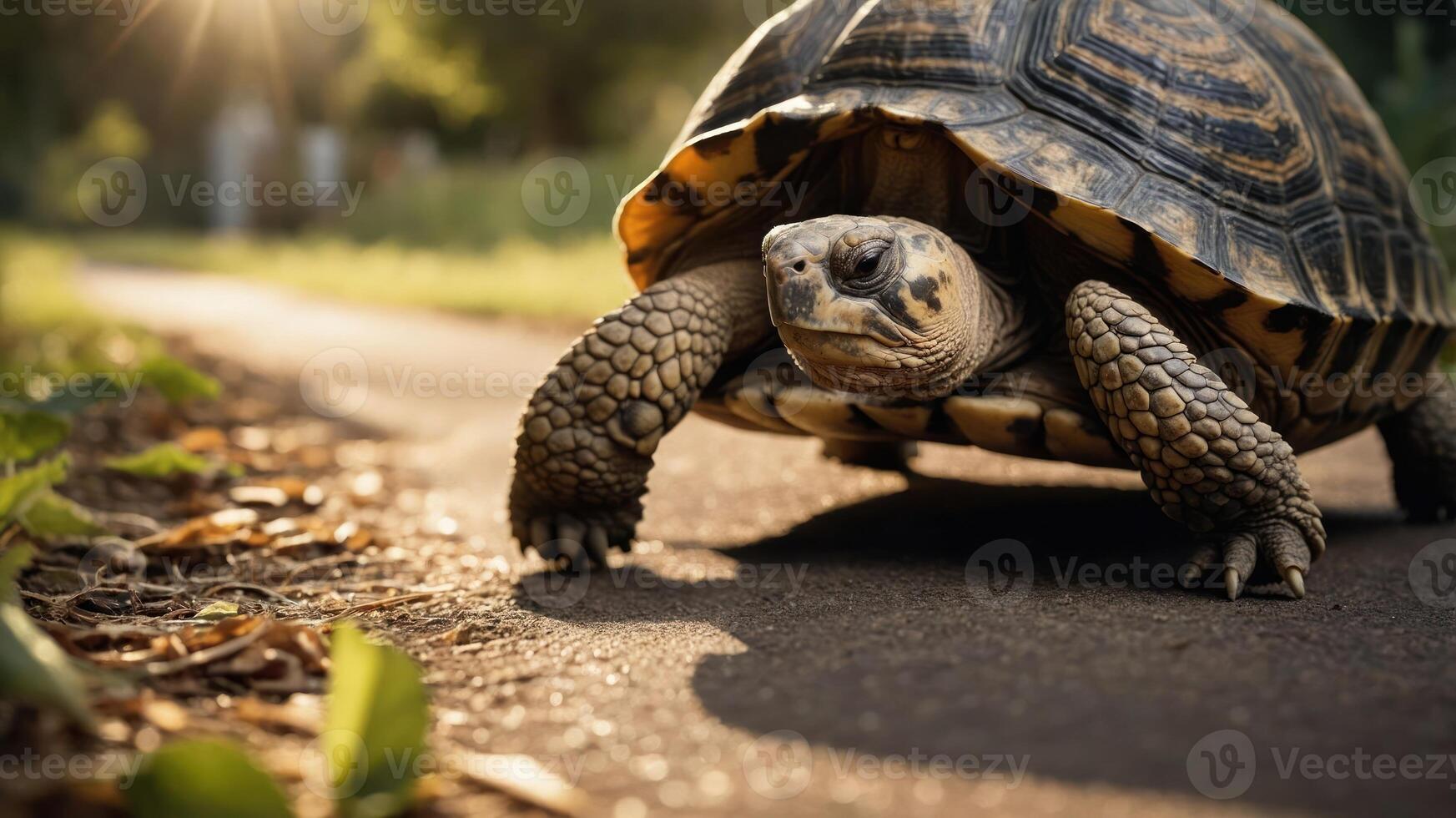 A tortoise slowly crossing a path in a sunlit outdoor setting. photo