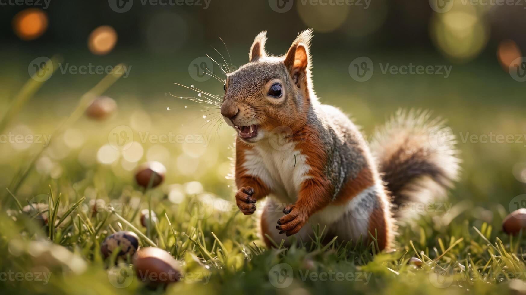 A playful squirrel running through grass, surrounded by acorns in a sunny setting. photo
