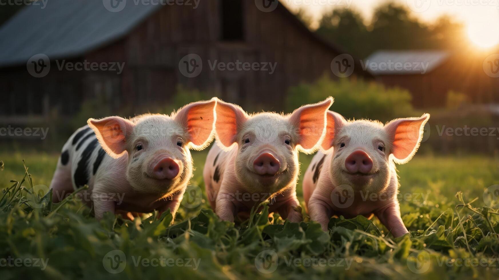 Three playful piglets in a grassy field at sunset, showcasing farm life and nature's beauty. photo