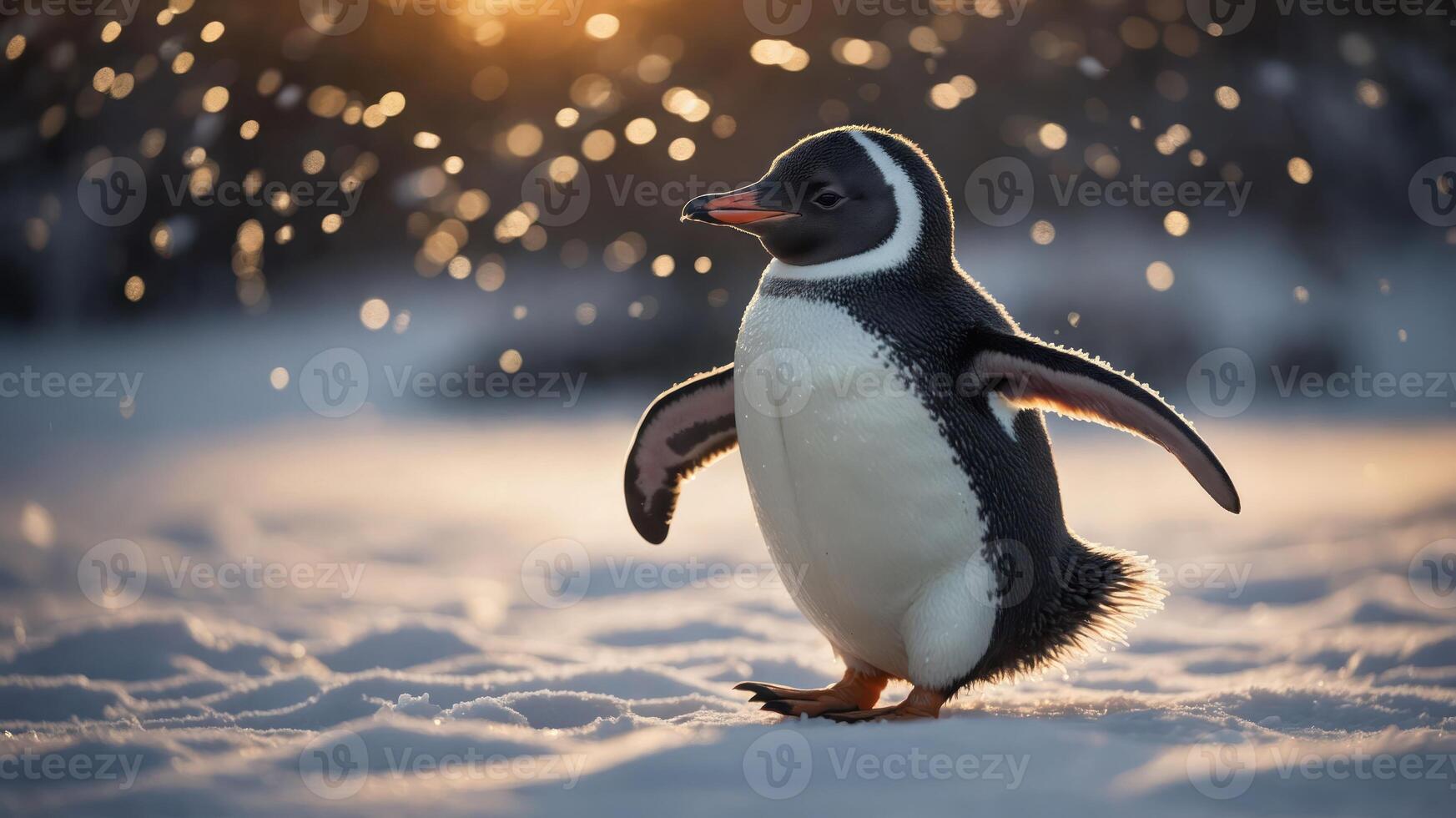 A penguin walking through snow with a blurred, sparkling background at sunset. photo