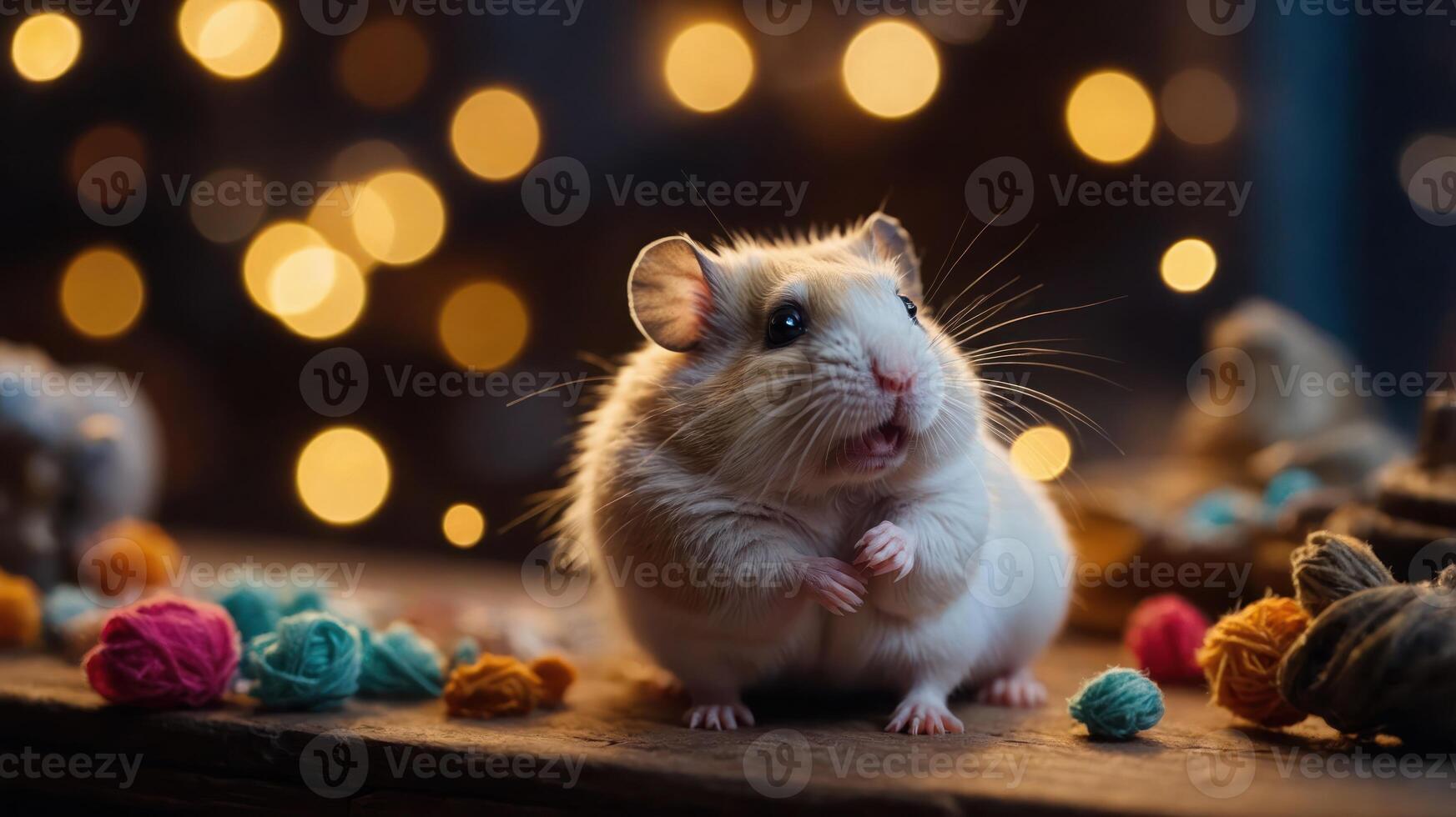 A cute hamster surrounded by colorful yarn on a wooden surface with a bokeh background. photo