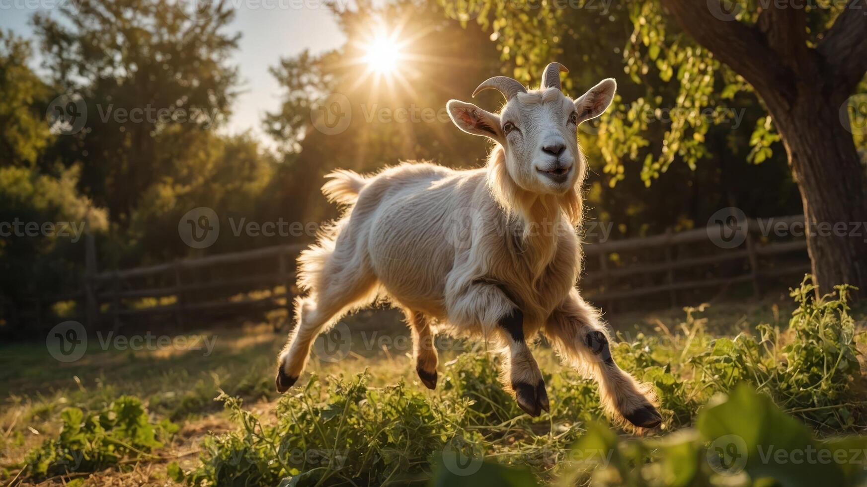 A playful goat leaps joyfully in a sunlit pasture, surrounded by greenery. photo
