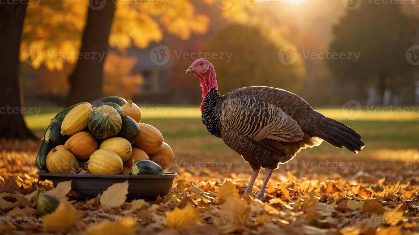 A turkey stands beside a pile of gourds in a colorful autumn setting. photo