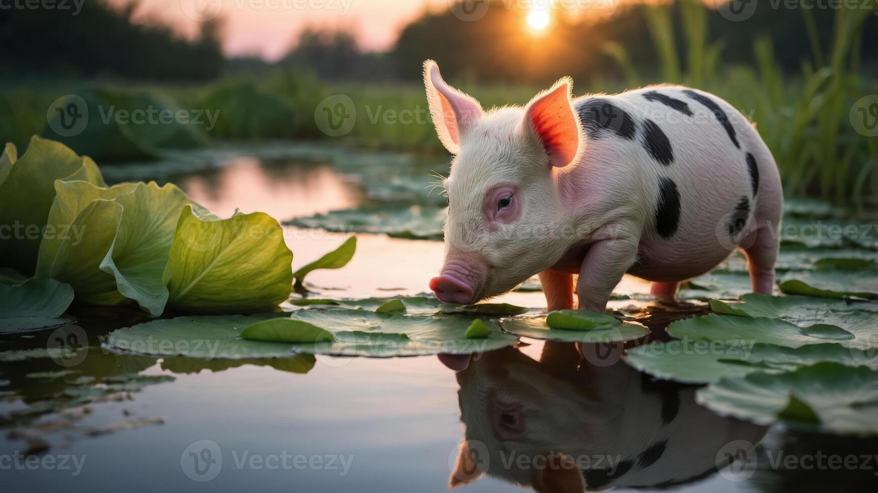 A playful piglet wades through lily pads at sunset, reflecting in the serene water. photo