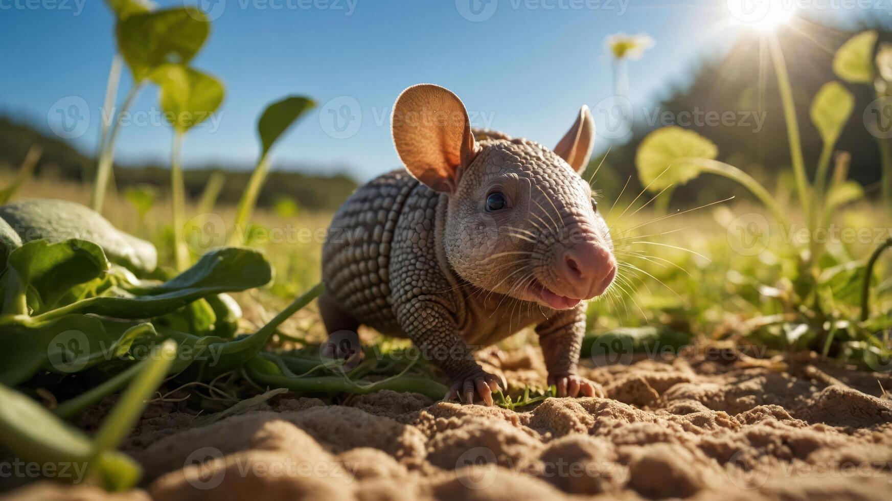 A young armadillo exploring a sunny field surrounded by greenery. photo