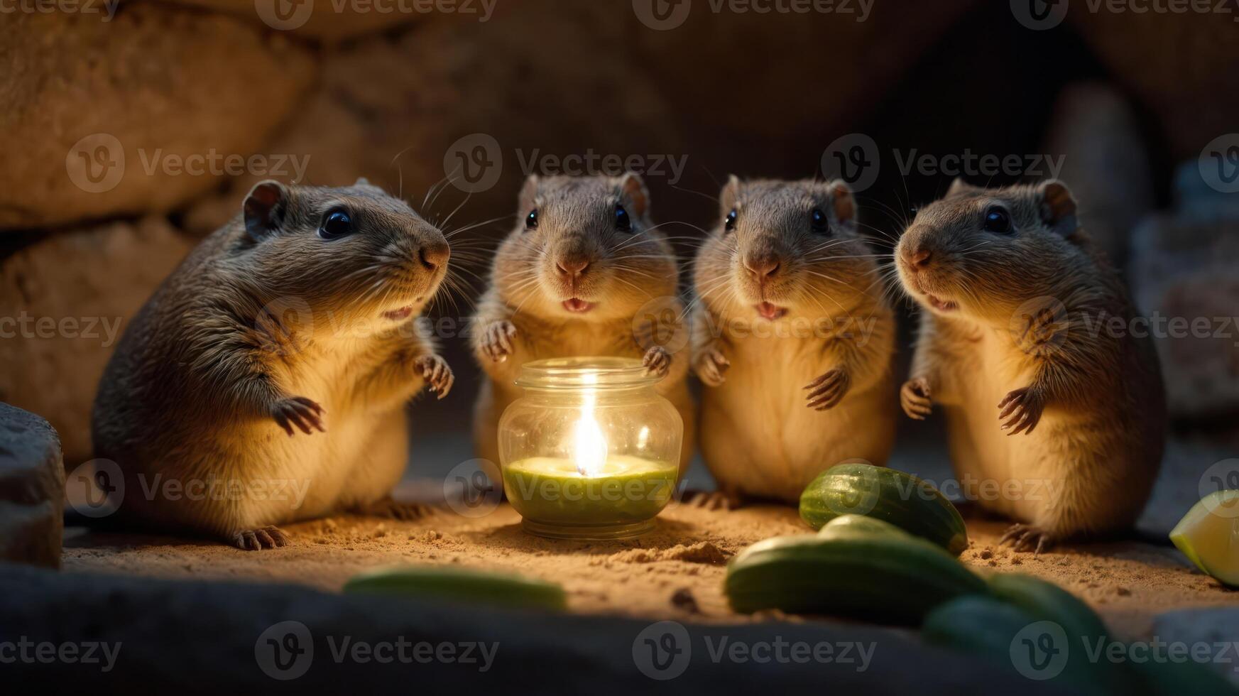 Four small animals gather around a candle with cucumbers in a cozy setting. photo