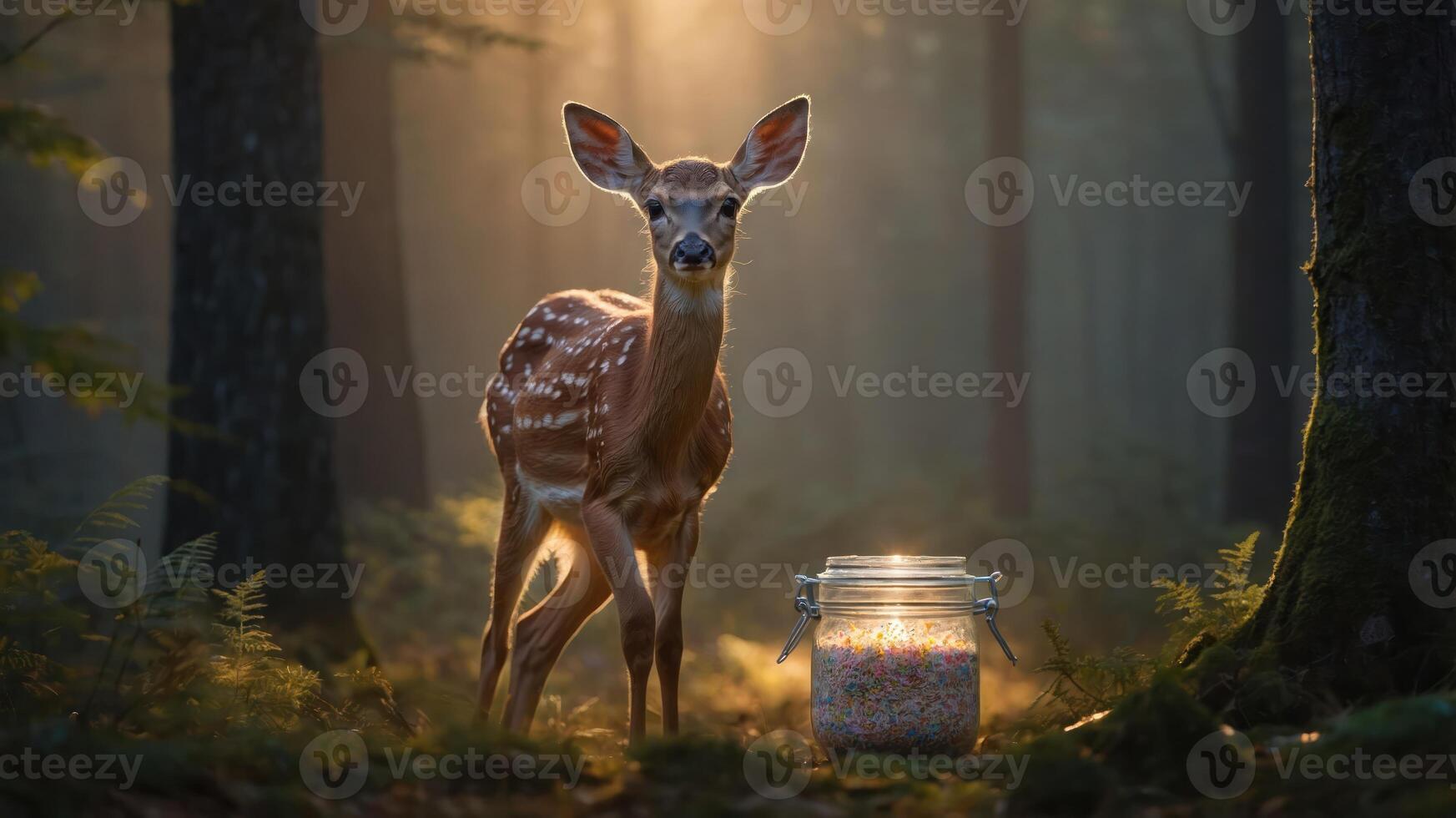 A fawn stands near a jar filled with colorful treats in a misty forest. photo