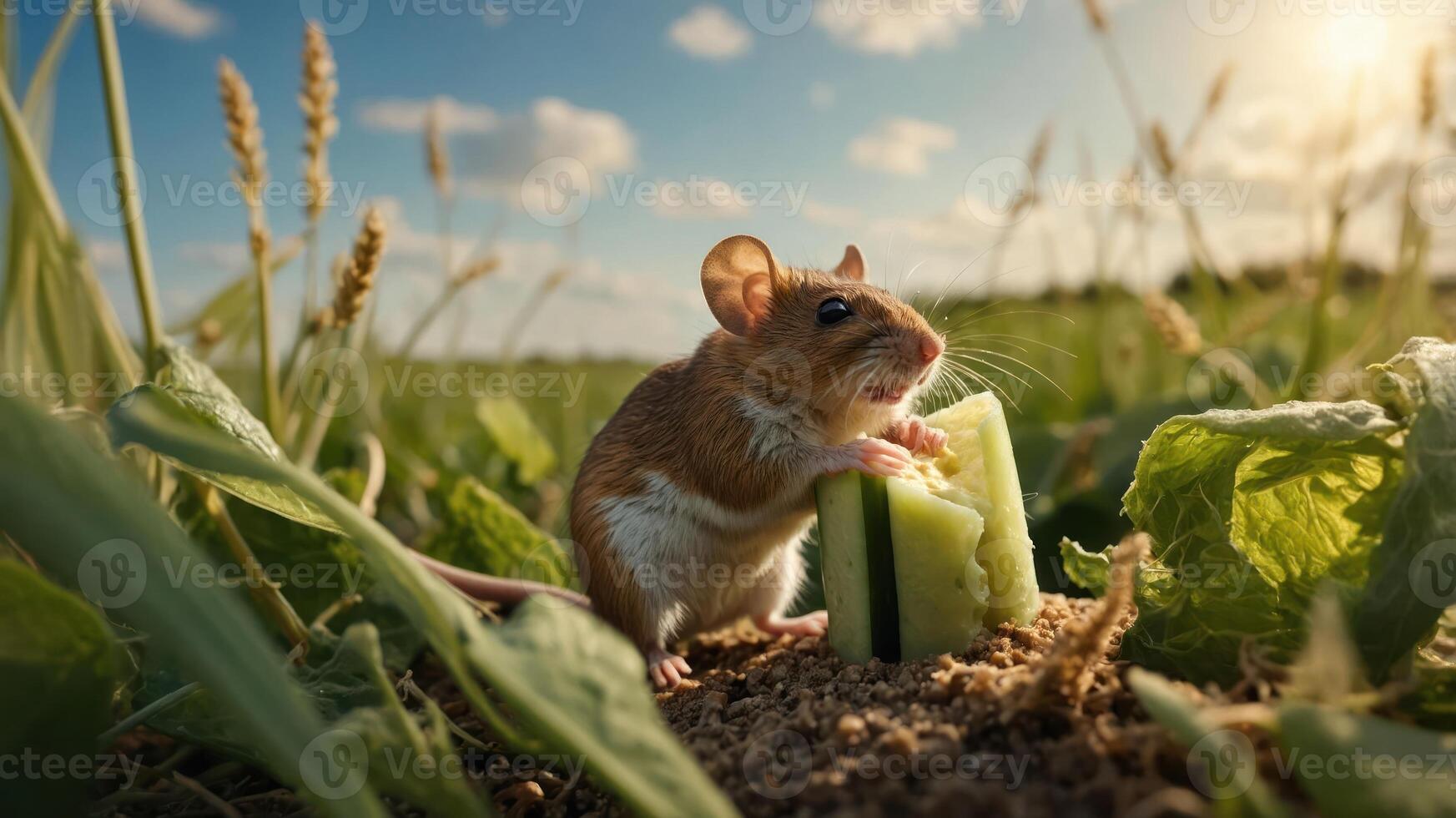 A mouse enjoys a piece of cucumber in a sunlit field surrounded by greenery. photo
