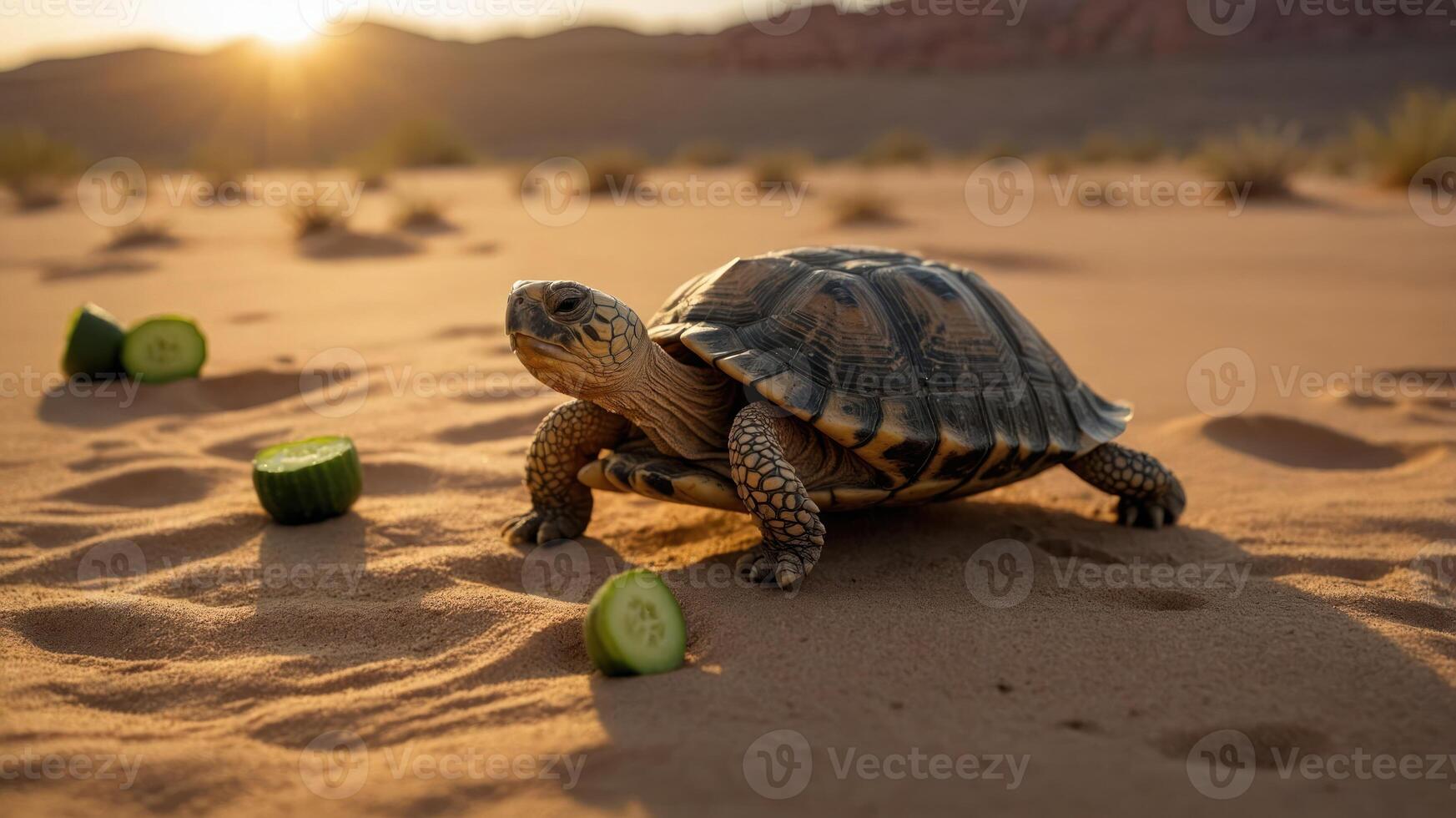 A tortoise on sandy terrain with cucumber slices nearby, illuminated by sunset. photo