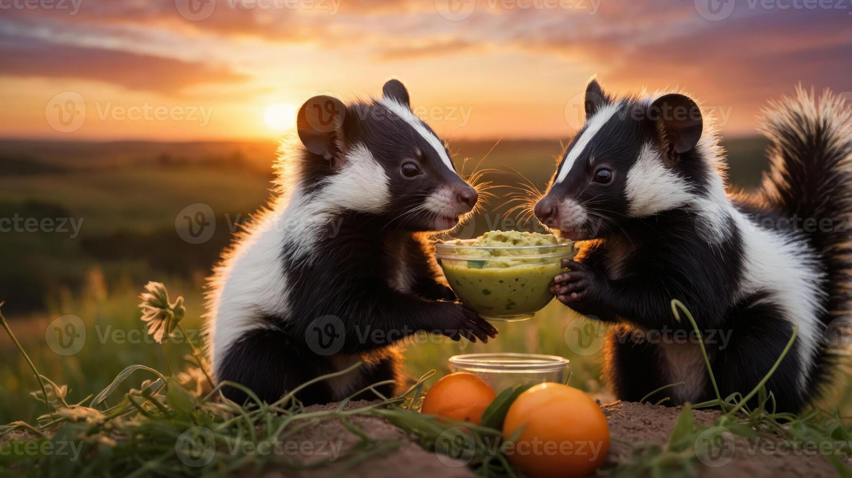 Two skunks sharing a bowl of guacamole at sunset, surrounded by nature. photo