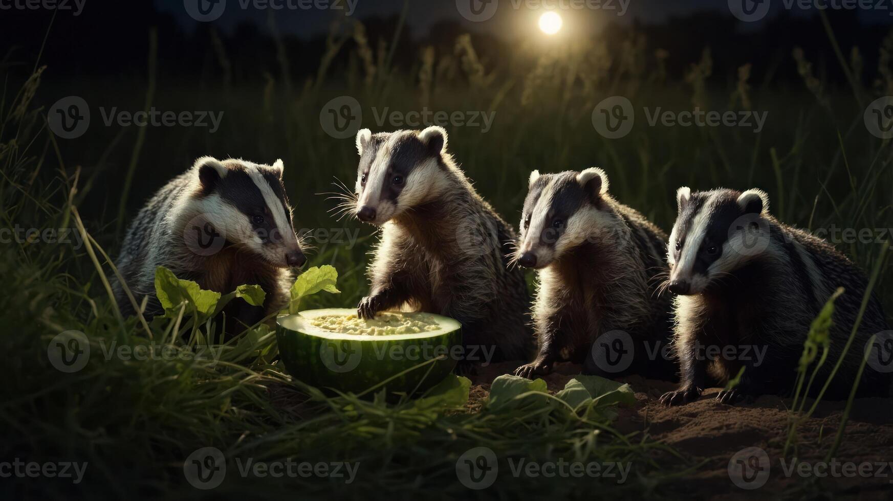 Four badgers enjoying a watermelon in a moonlit field. photo
