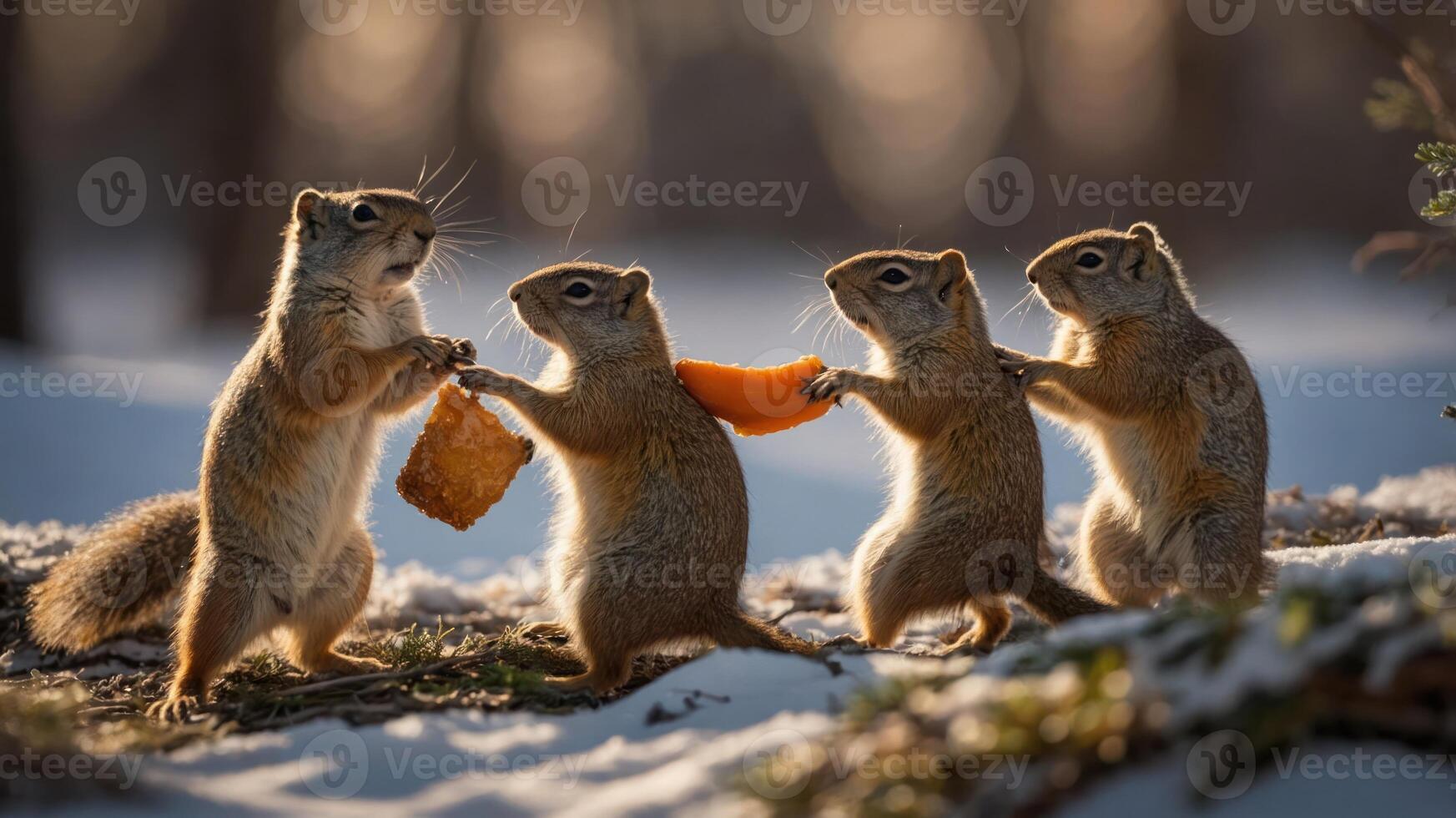 Four squirrels exchanging food in a snowy forest setting. photo