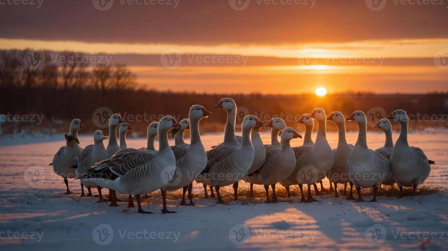 A group of geese gathered on snow, with a sunset in the background. photo