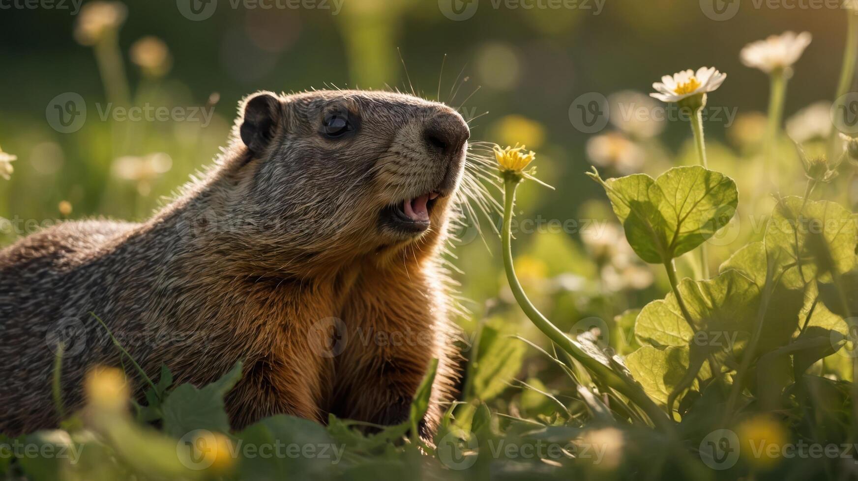 A close-up of a groundhog among flowers in a sunlit meadow. photo