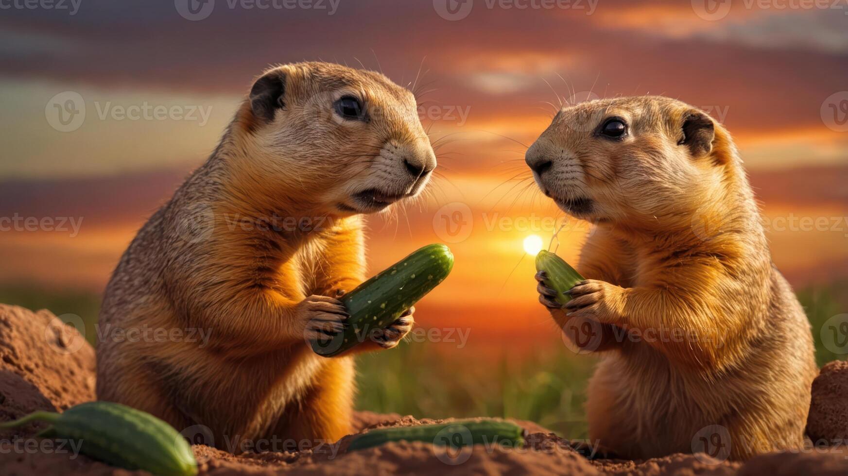 Two prairie dogs holding cucumbers at sunset in a natural setting. photo