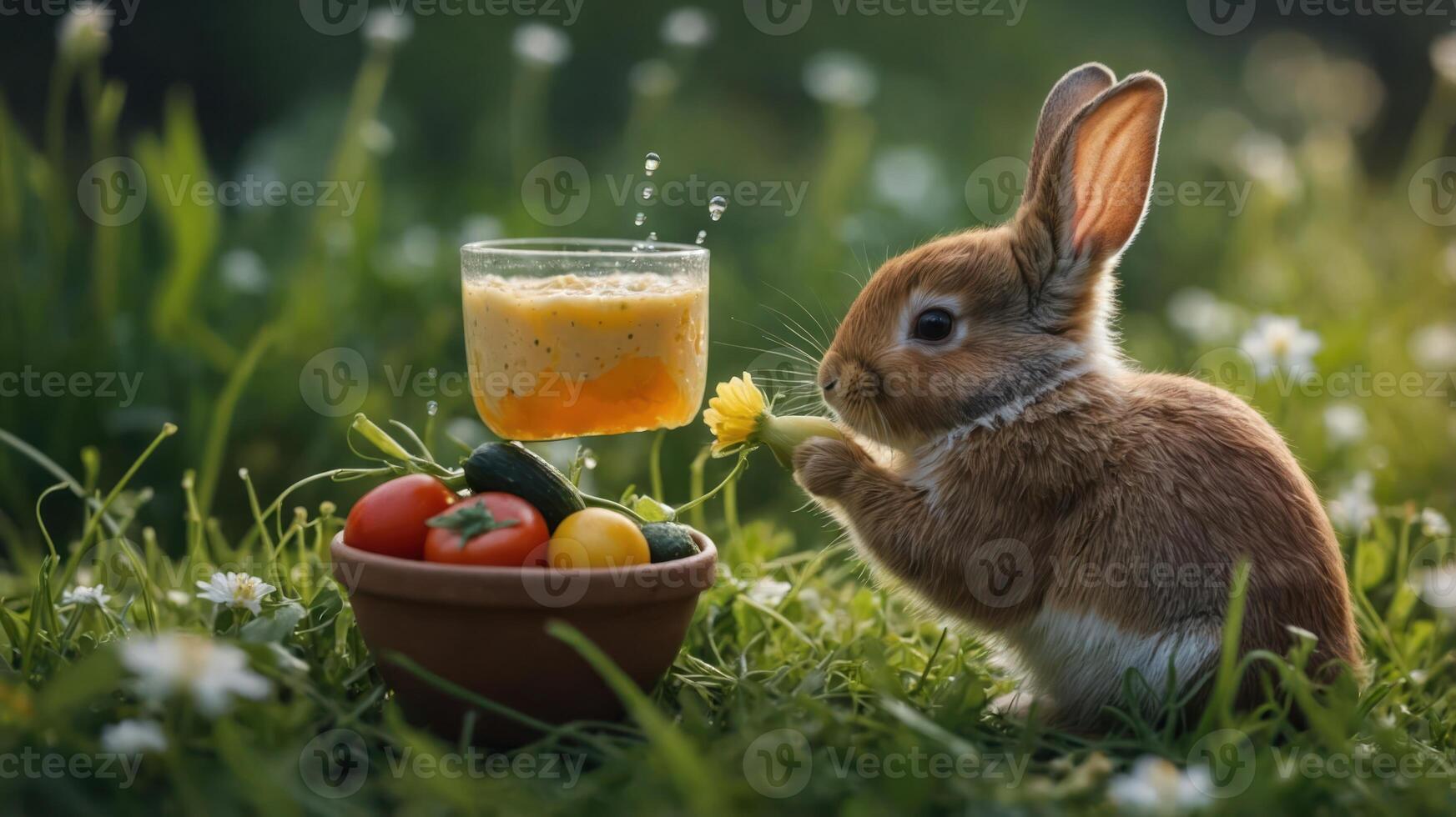A cute rabbit beside a bowl of colorful vegetables and a glass of juice in a grassy setting. photo