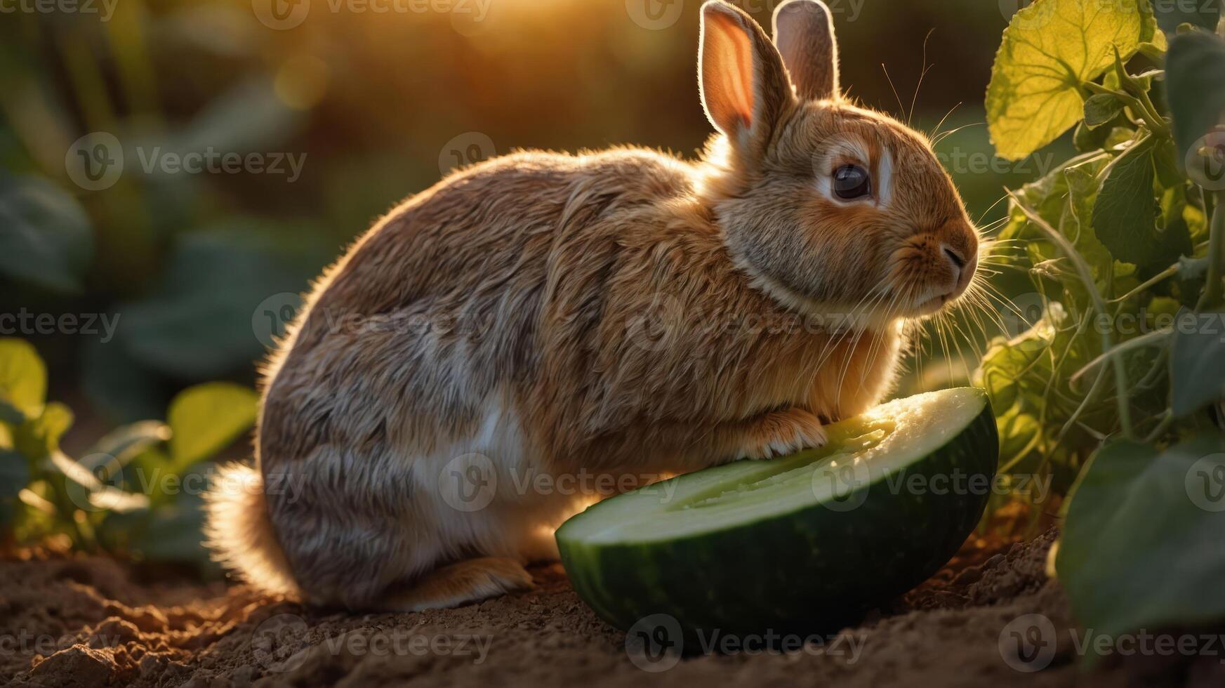 A rabbit sitting on a slice of cucumber in a natural setting during golden hour. photo