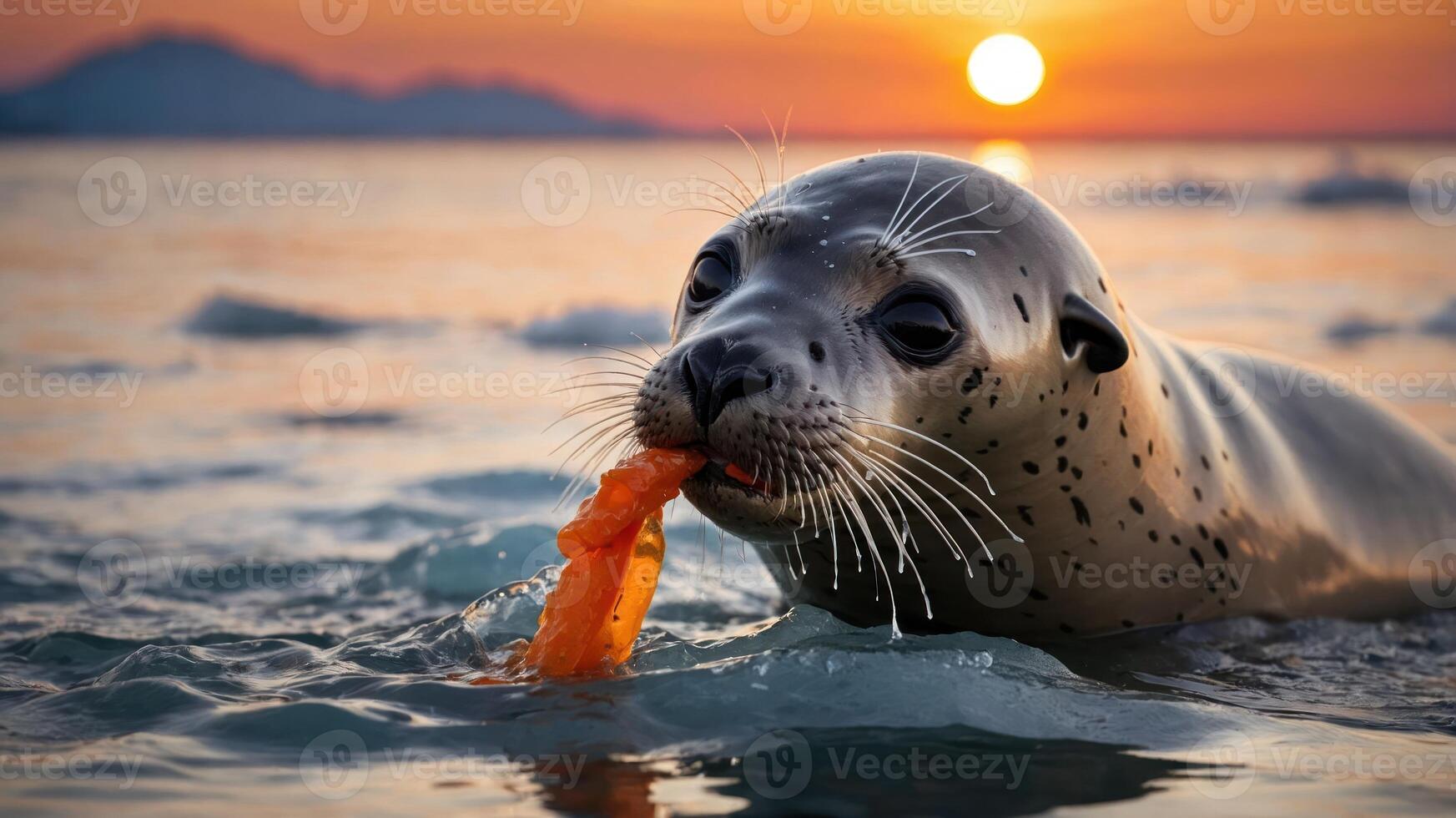 A seal holds a piece of orange food while swimming at sunset. photo