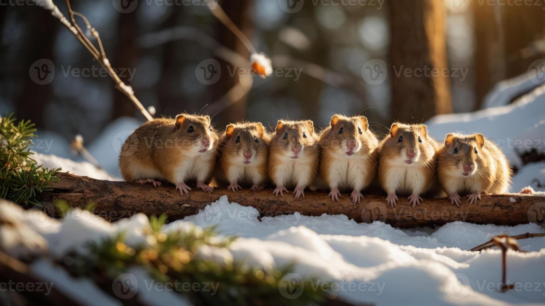 A group of small rodents sitting on a log in a snowy forest setting. photo