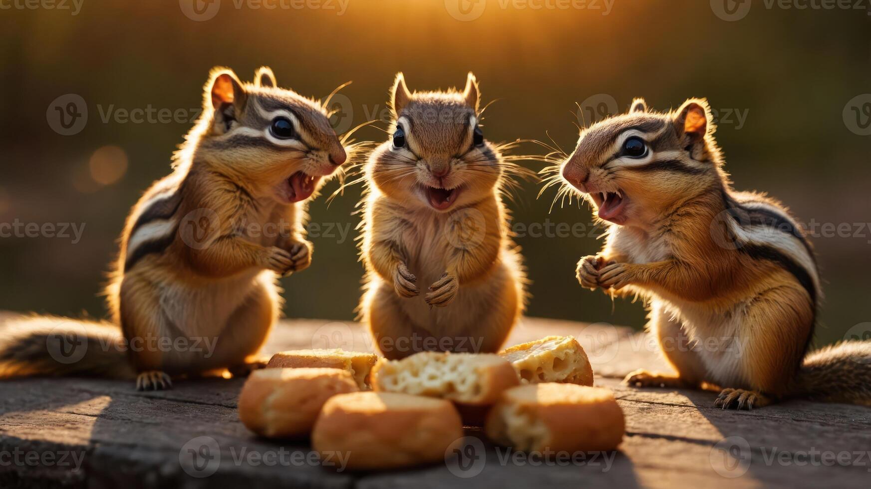 Three chipmunks joyfully interacting around food in a natural setting. photo