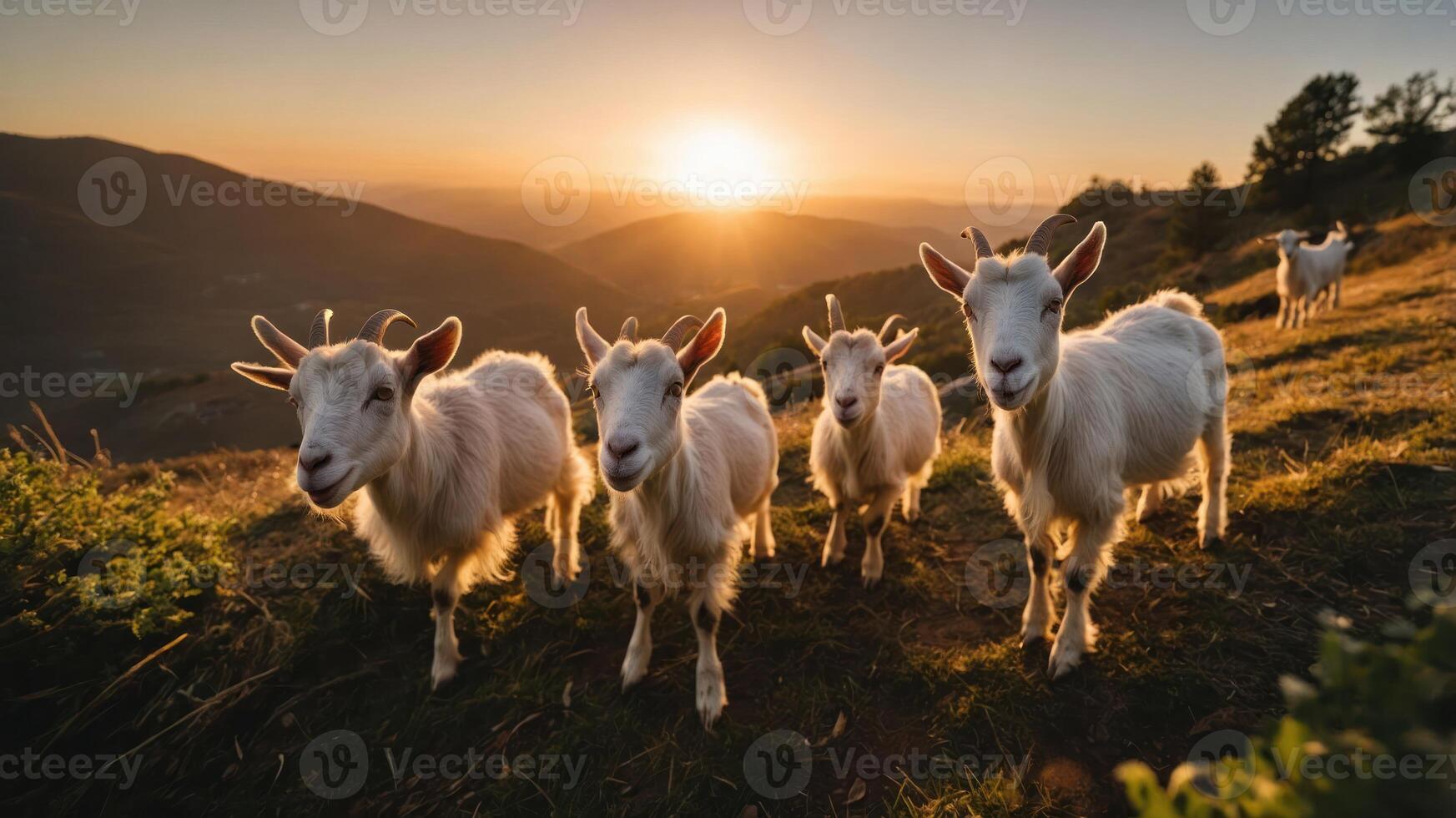 A group of goats stands in a scenic landscape during sunset. photo