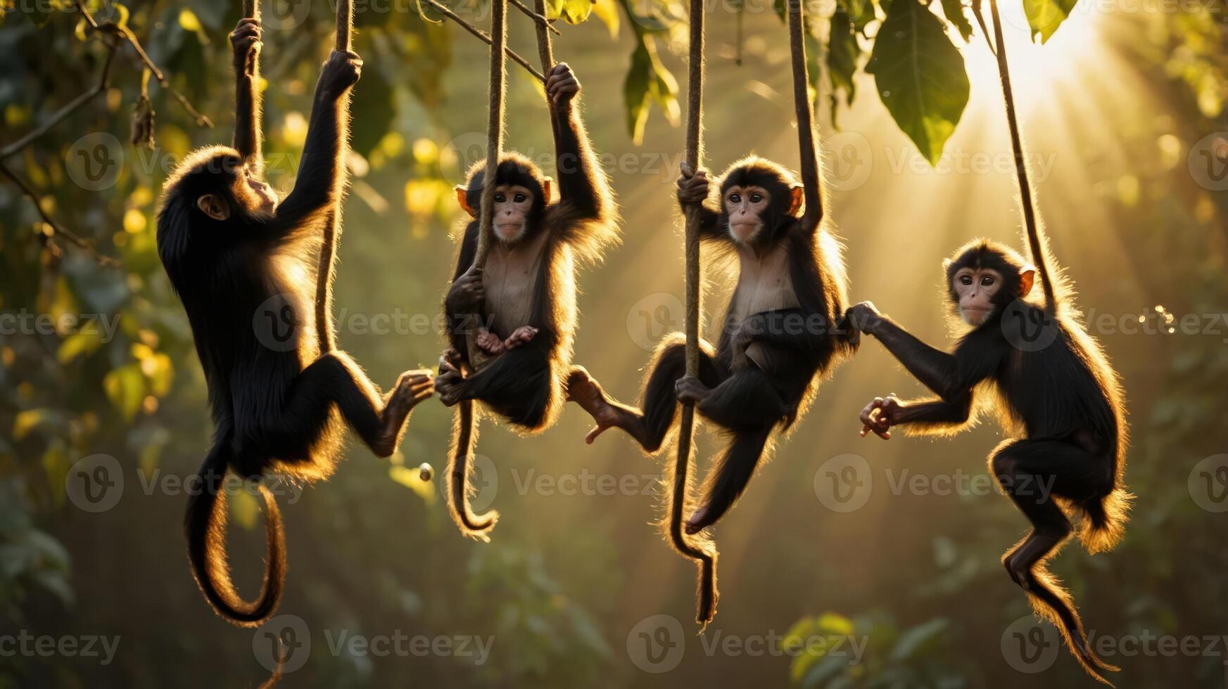 Four monkeys hanging from vines in a sunlit forest, showcasing playful interaction. photo
