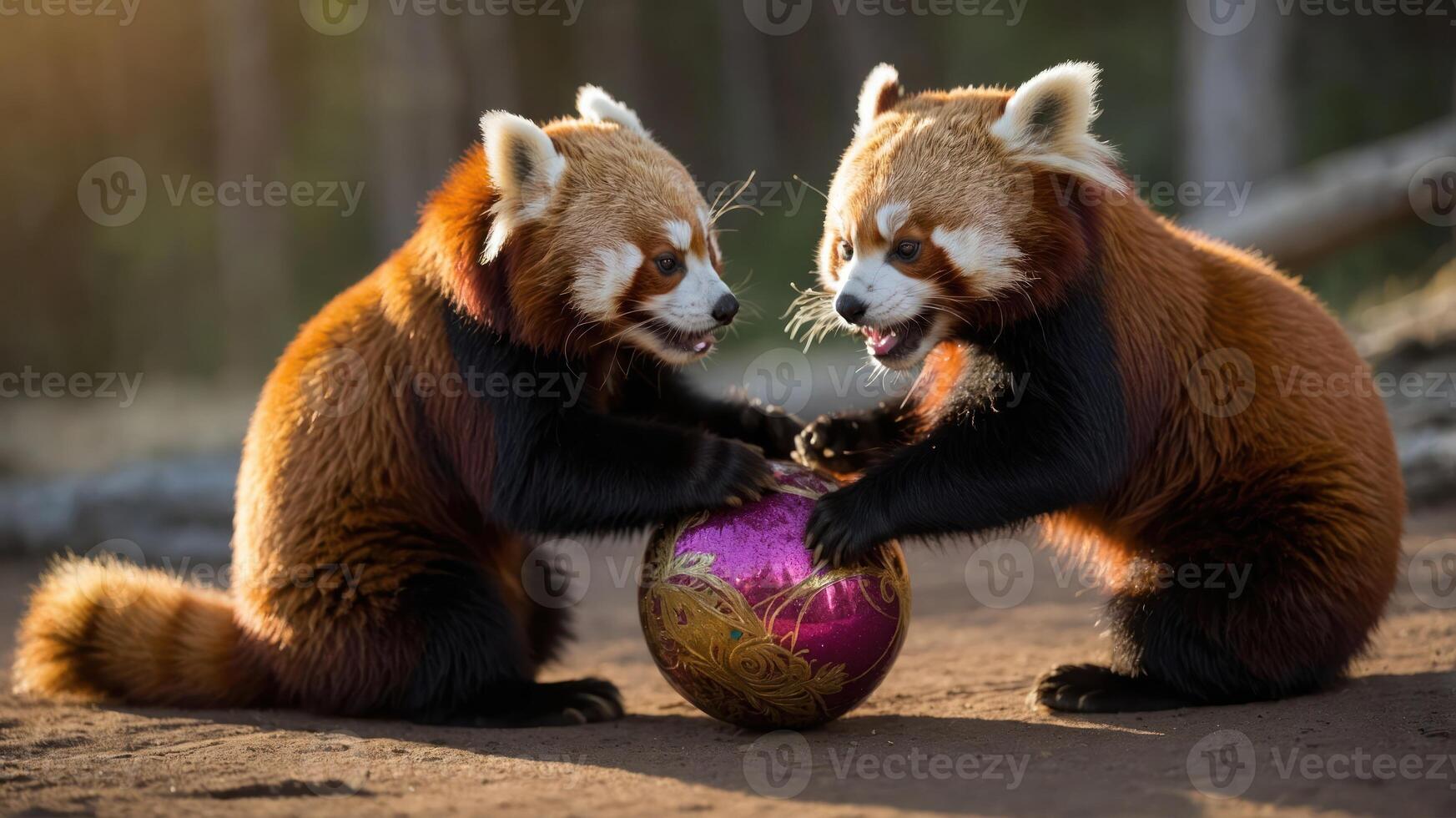 Two red pandas playfully interacting with a colorful ball in a natural setting. photo
